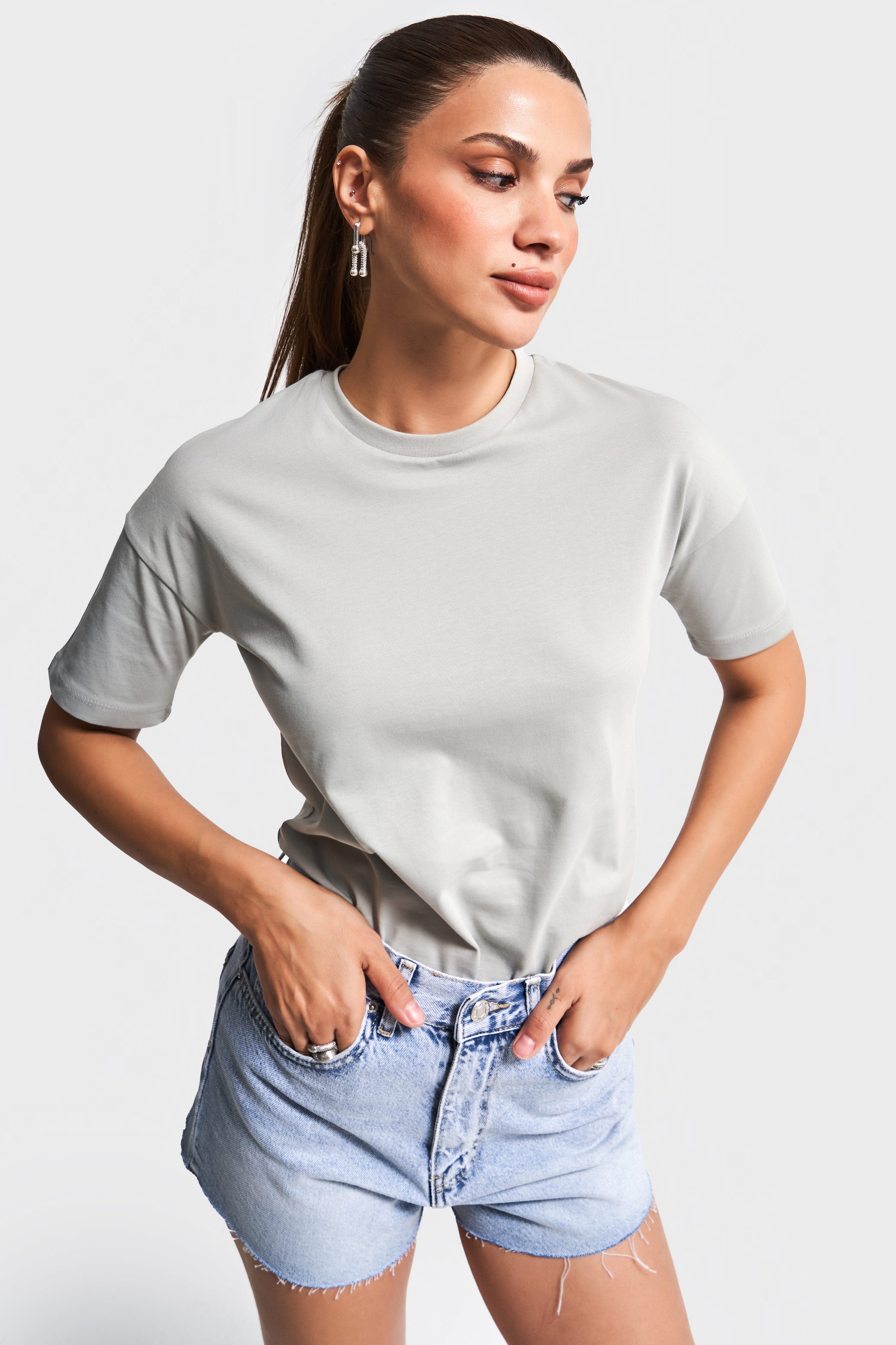 Kadın Gri Renk S5-12 Bisiklet Yaka %100 Pamuk Basic T-Shirt
