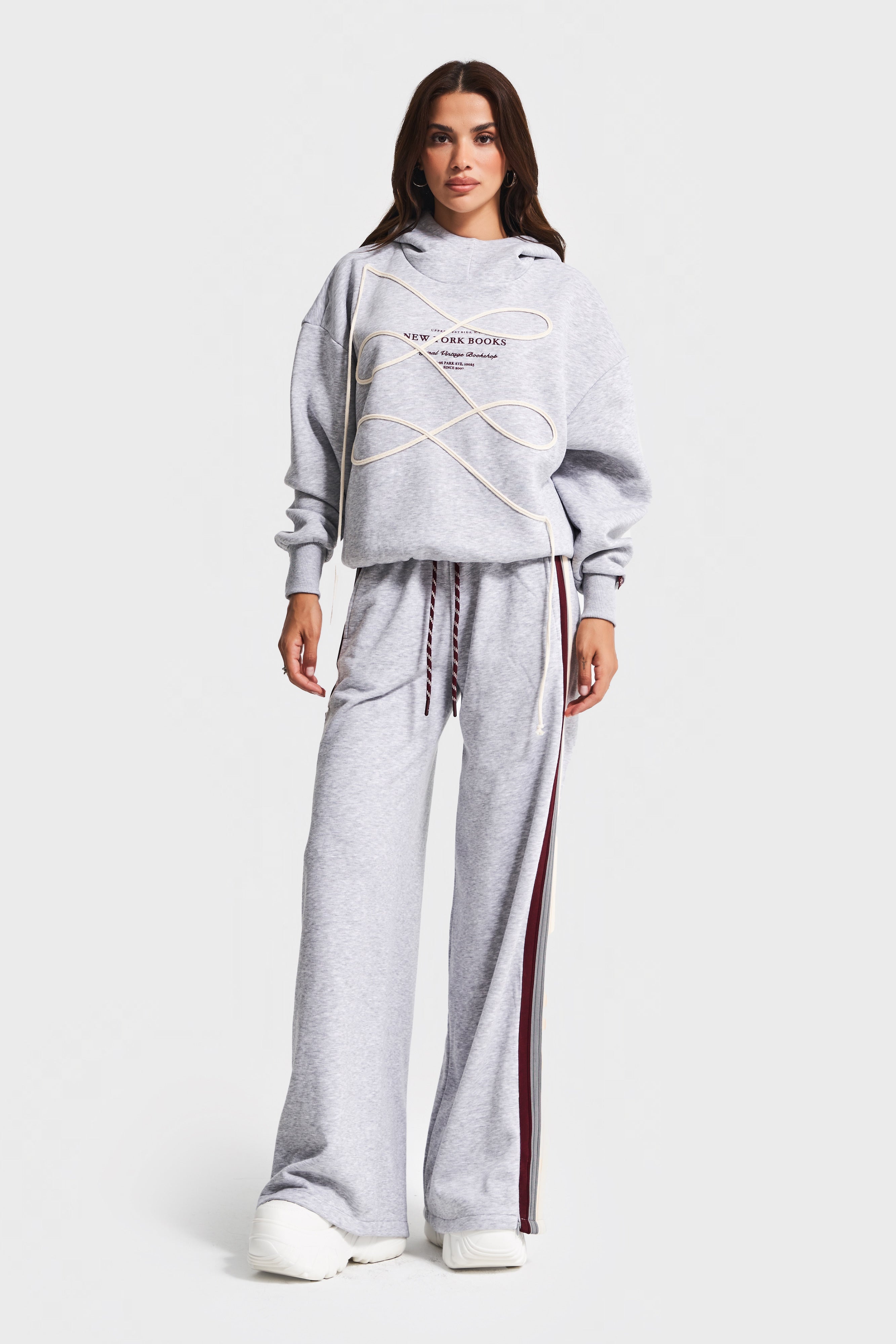 Kadın Gri Renk w5-107 Örme Kumaş Sweatshirt Alt Eşofman 2'li Kombin Tasarım Takım