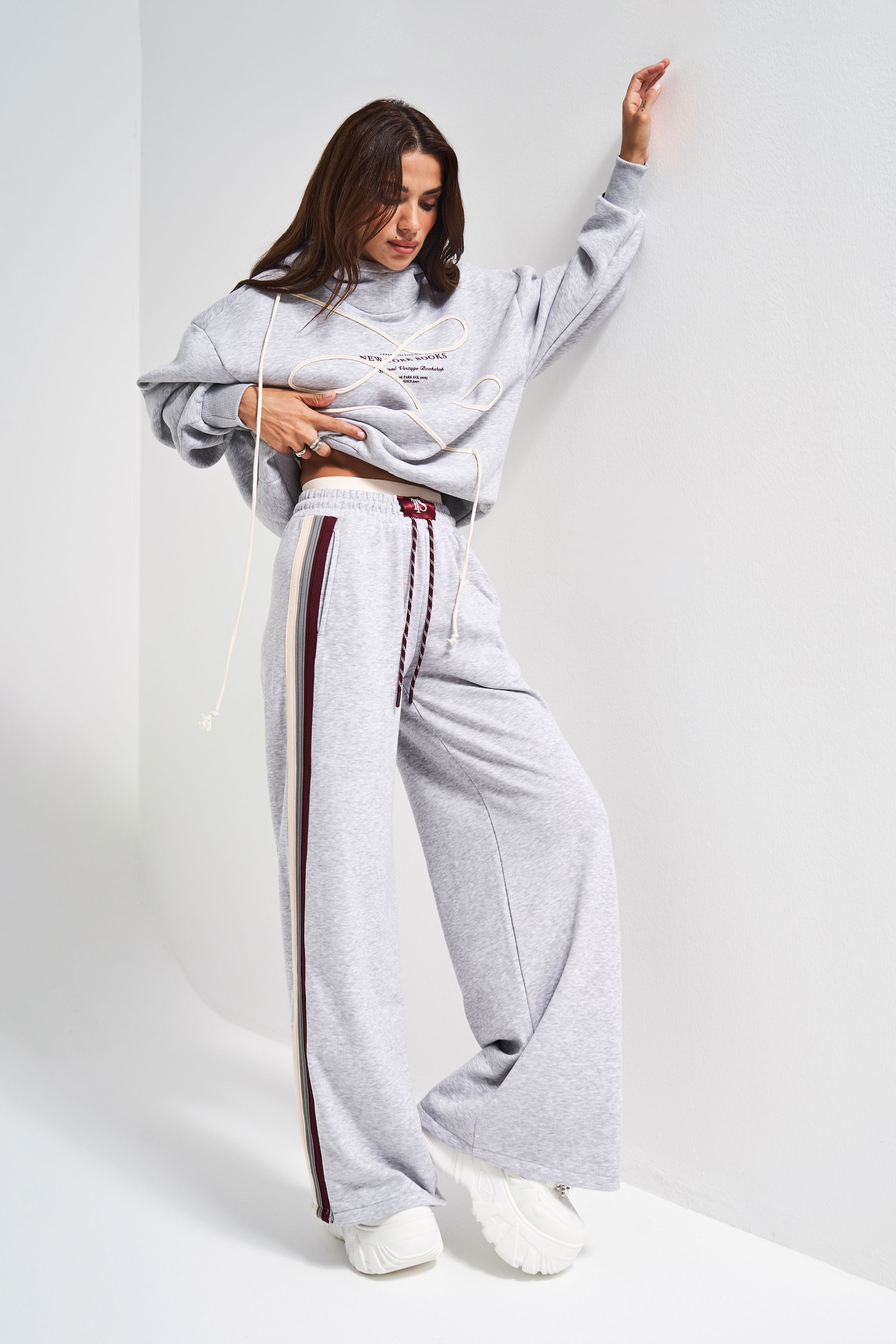 Kadın Gri Renk w5-107 Örme Kumaş Sweatshirt Alt Eşofman 2'li Kombin Tasarım Takım
