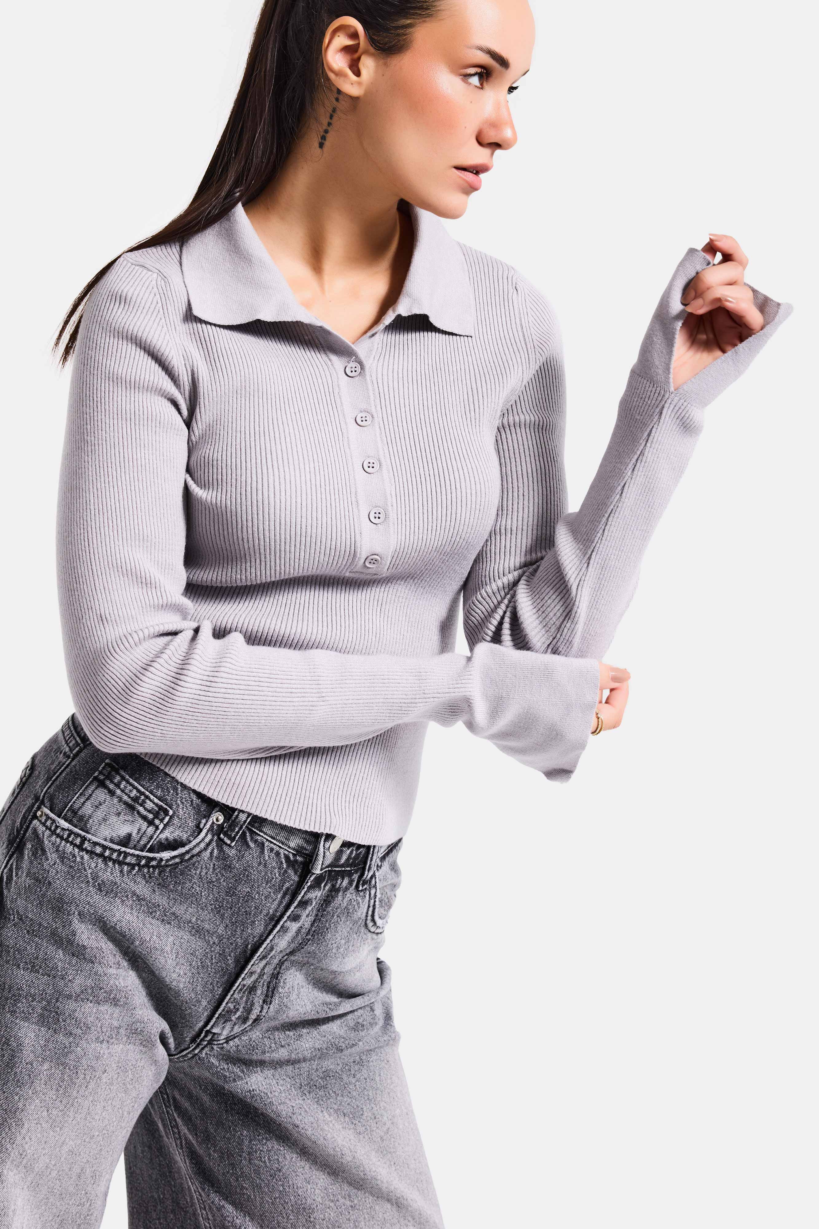 Kadın Gri Renk w5-12 Polo Yaka Viskon Esnek Kumaş Triko