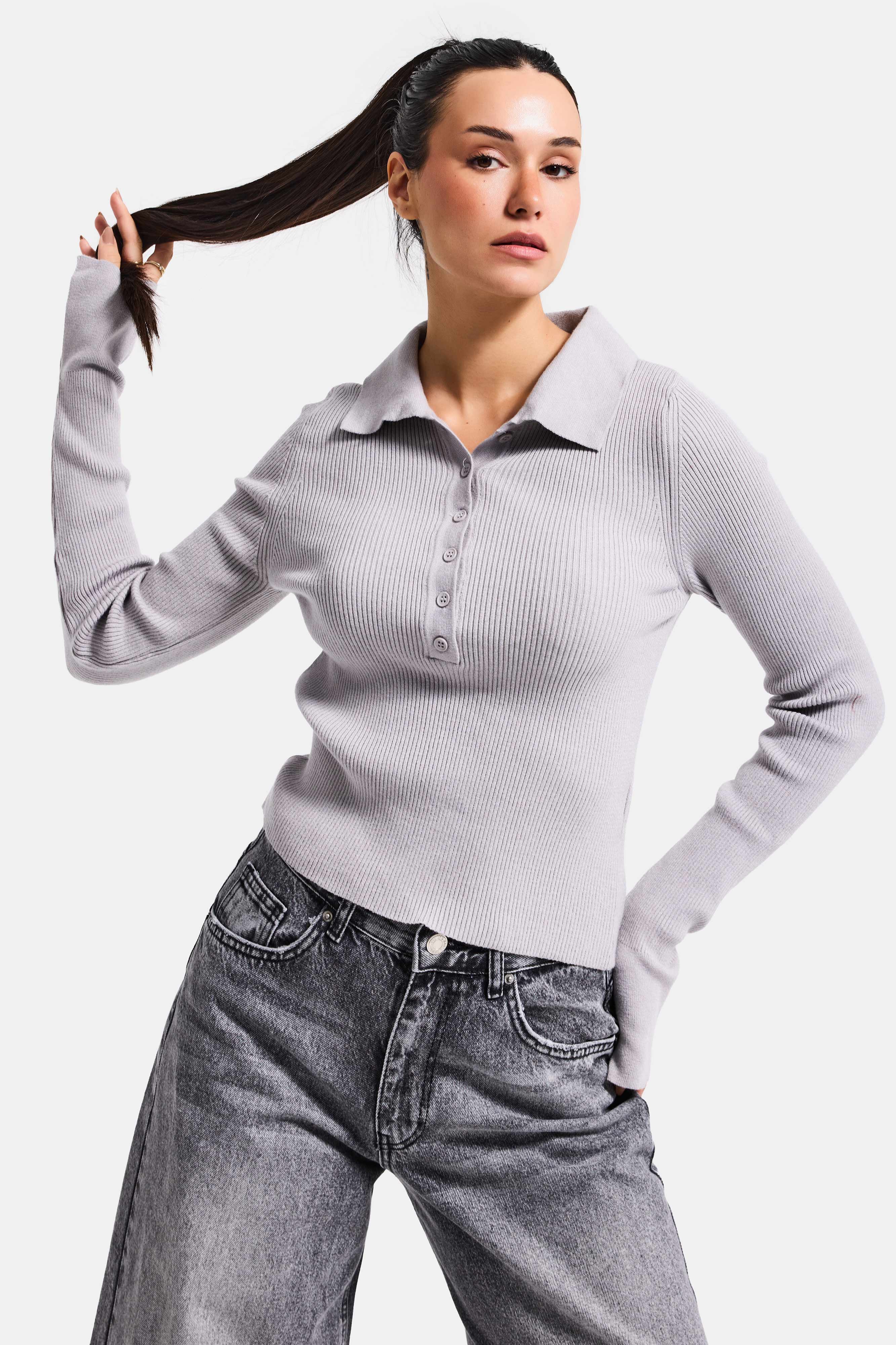 Kadın Gri Renk w5-12 Polo Yaka Viskon Esnek Kumaş Triko