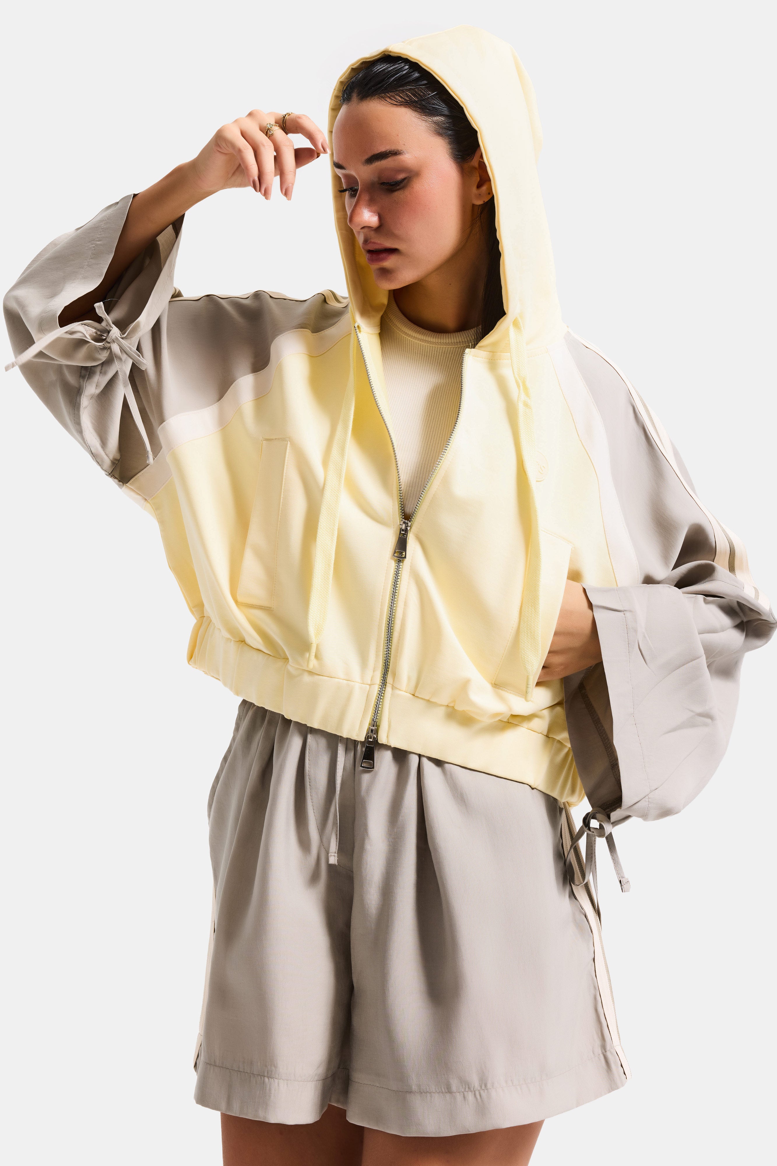 Kadın Gri Sarı s6-108 Oversize Şerit Detaylı Kapüşonlu Özel Tasarım Fermuarlı Sweatshirt