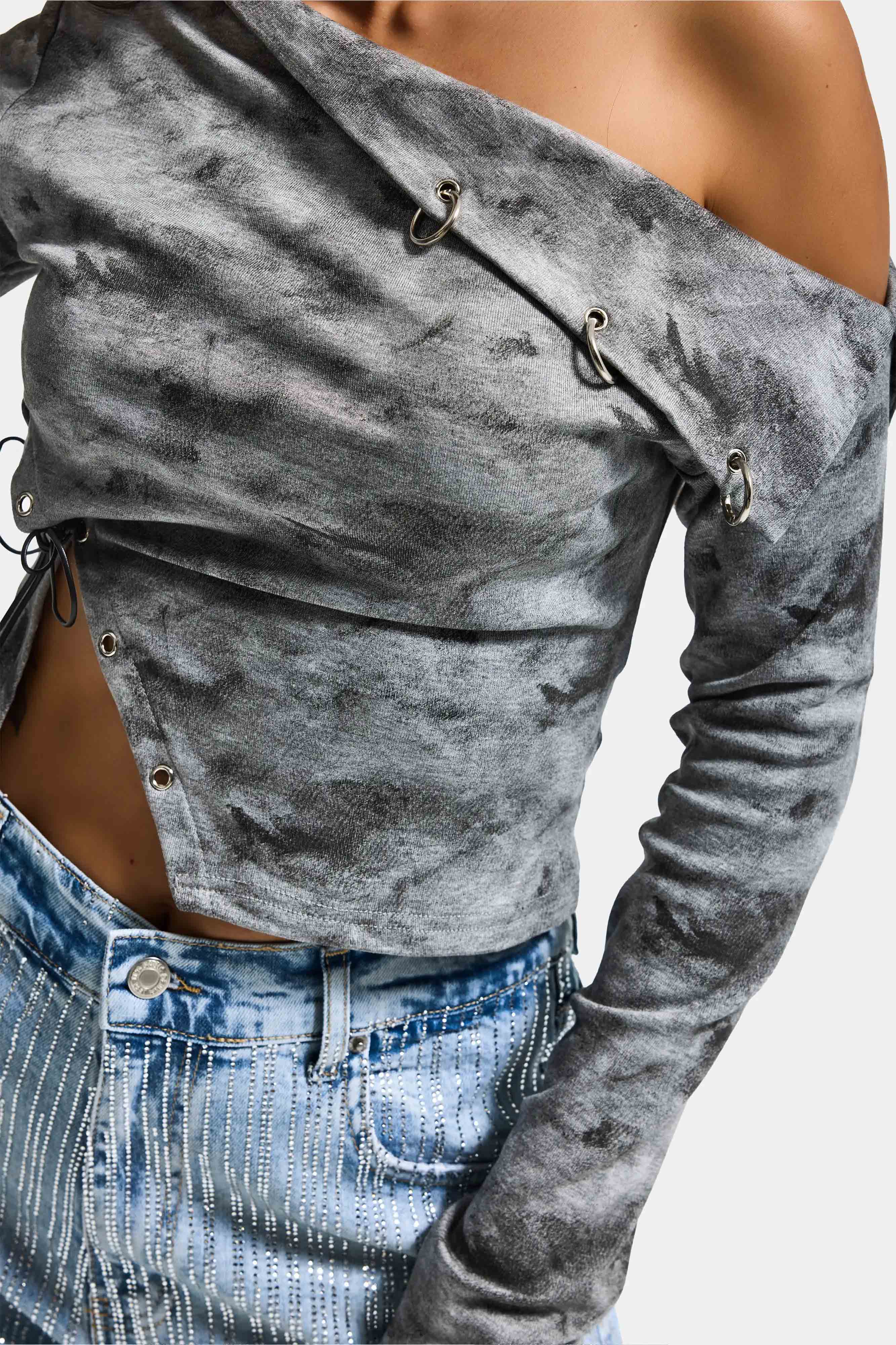 Kadın Gri w5 Asimetrik Kesim Özel Tasarım Crop Top