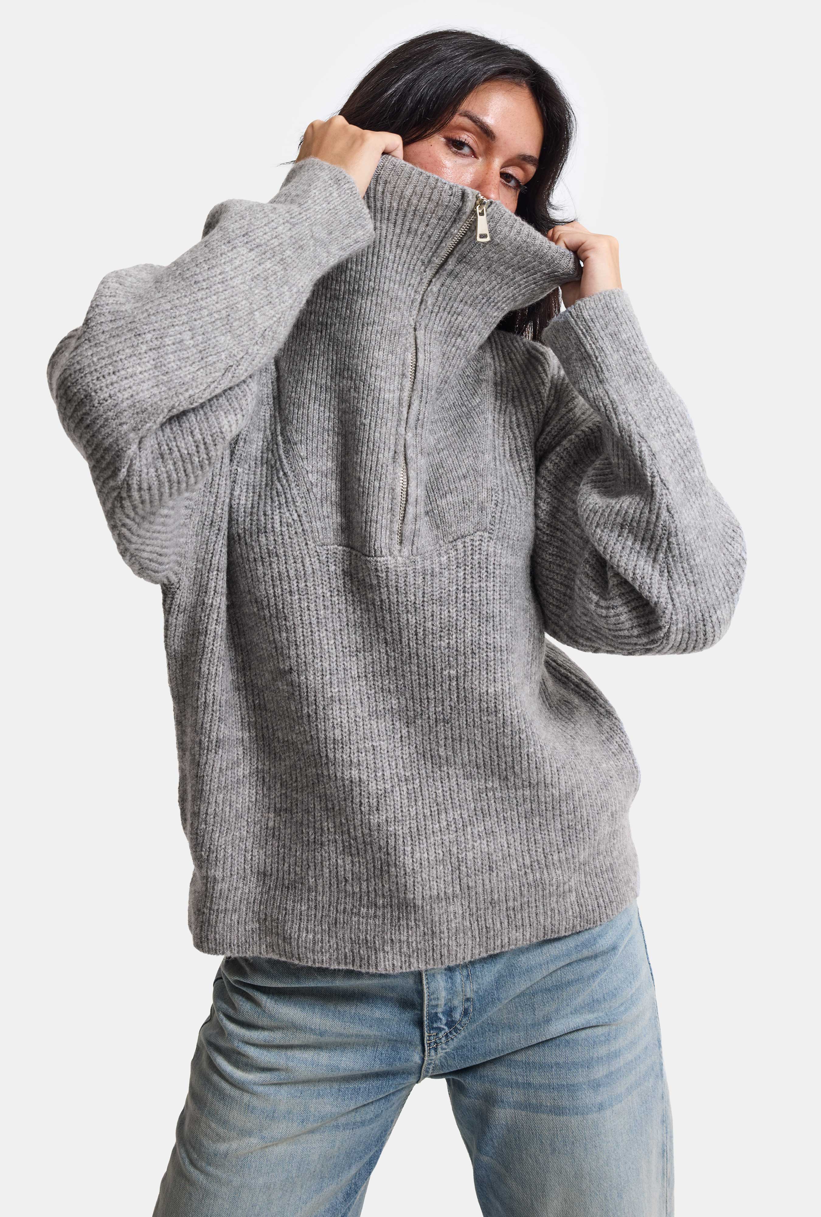 Kadın Gri w6-12 Oversize Fermuarlı Triko Kazak