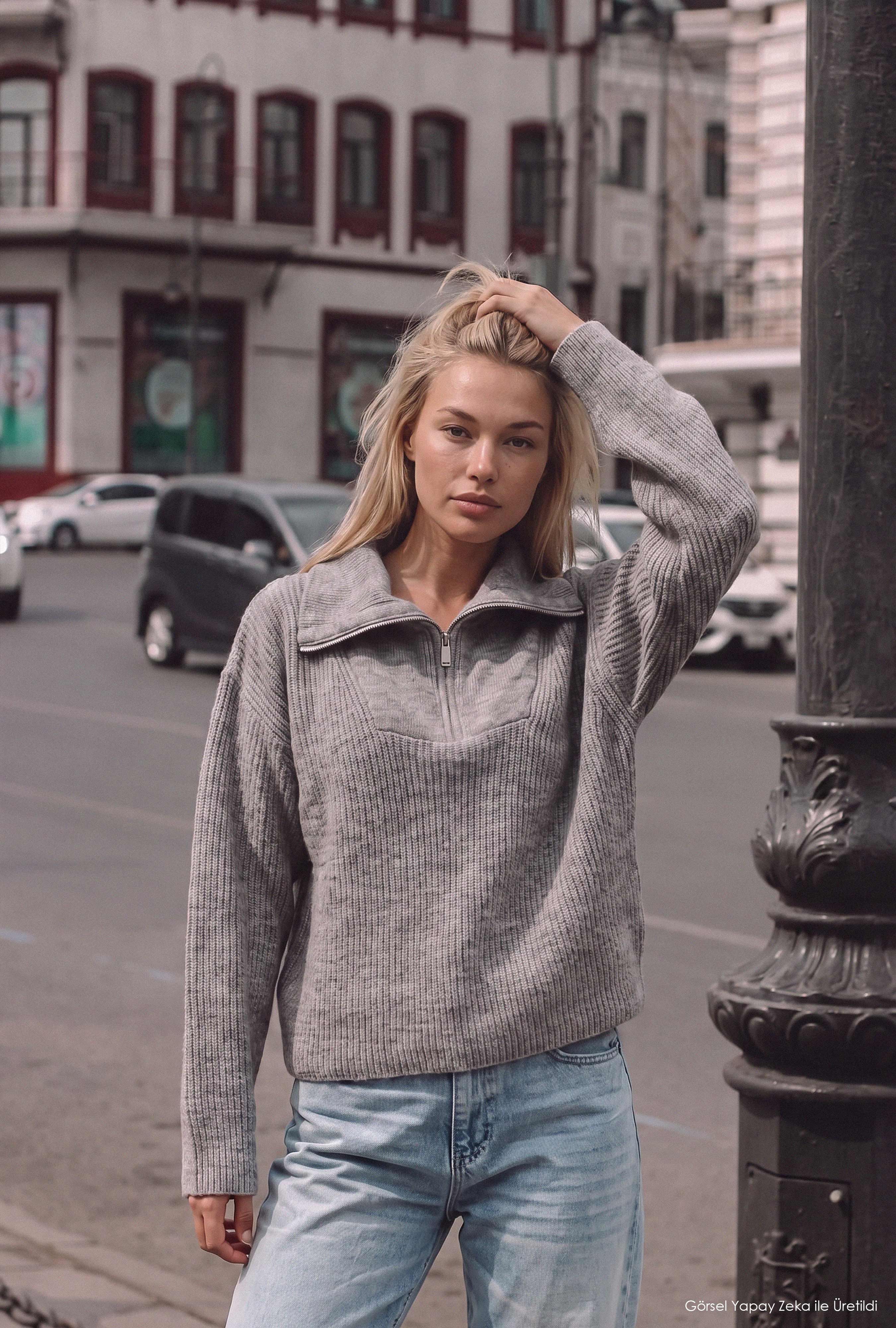 Kadın Gri w6-12 Oversize Fermuarlı Triko Kazak