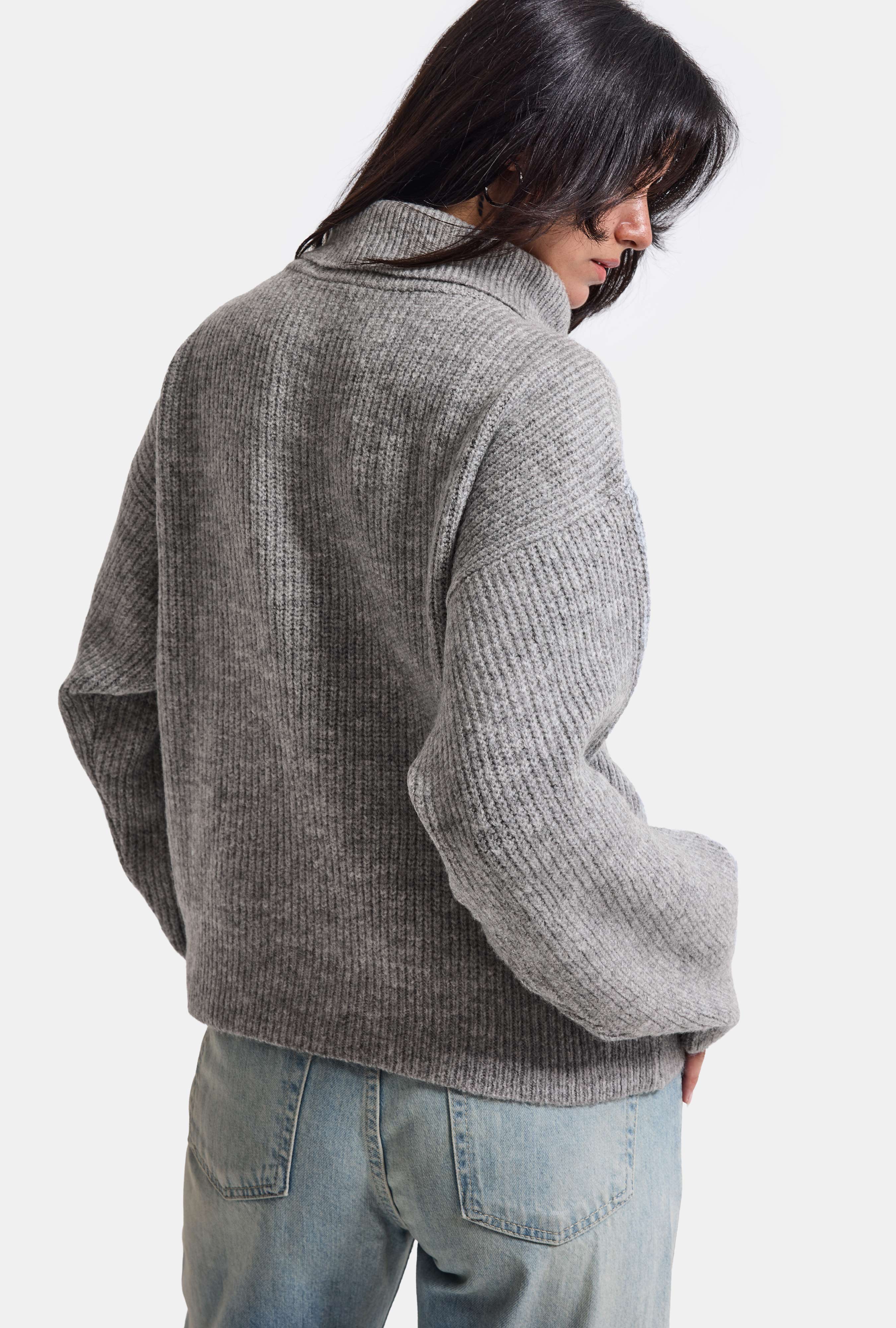 Kadın Gri w6-12 Oversize Fermuarlı Triko Kazak