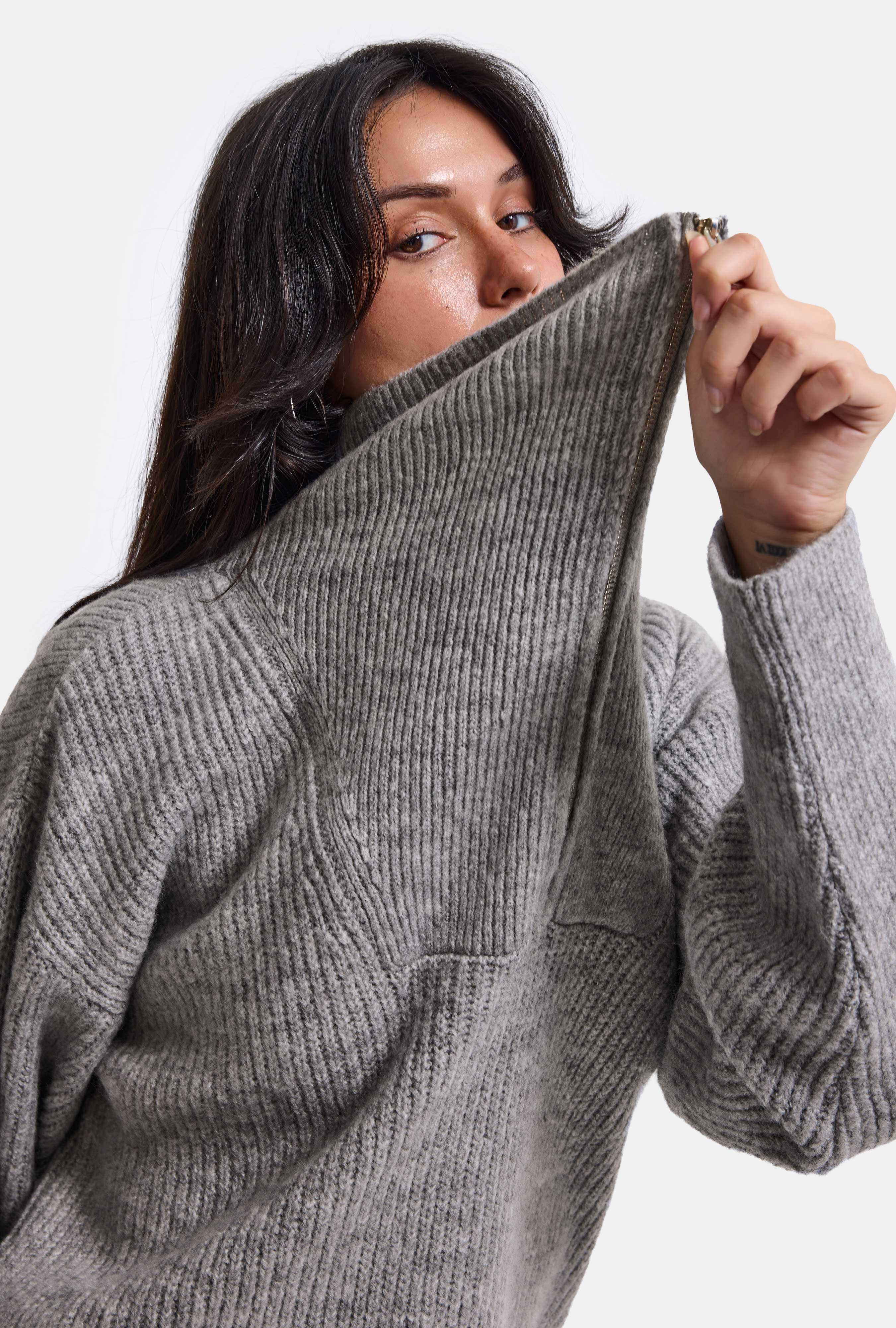 Kadın Gri w6-12 Oversize Fermuarlı Triko Kazak