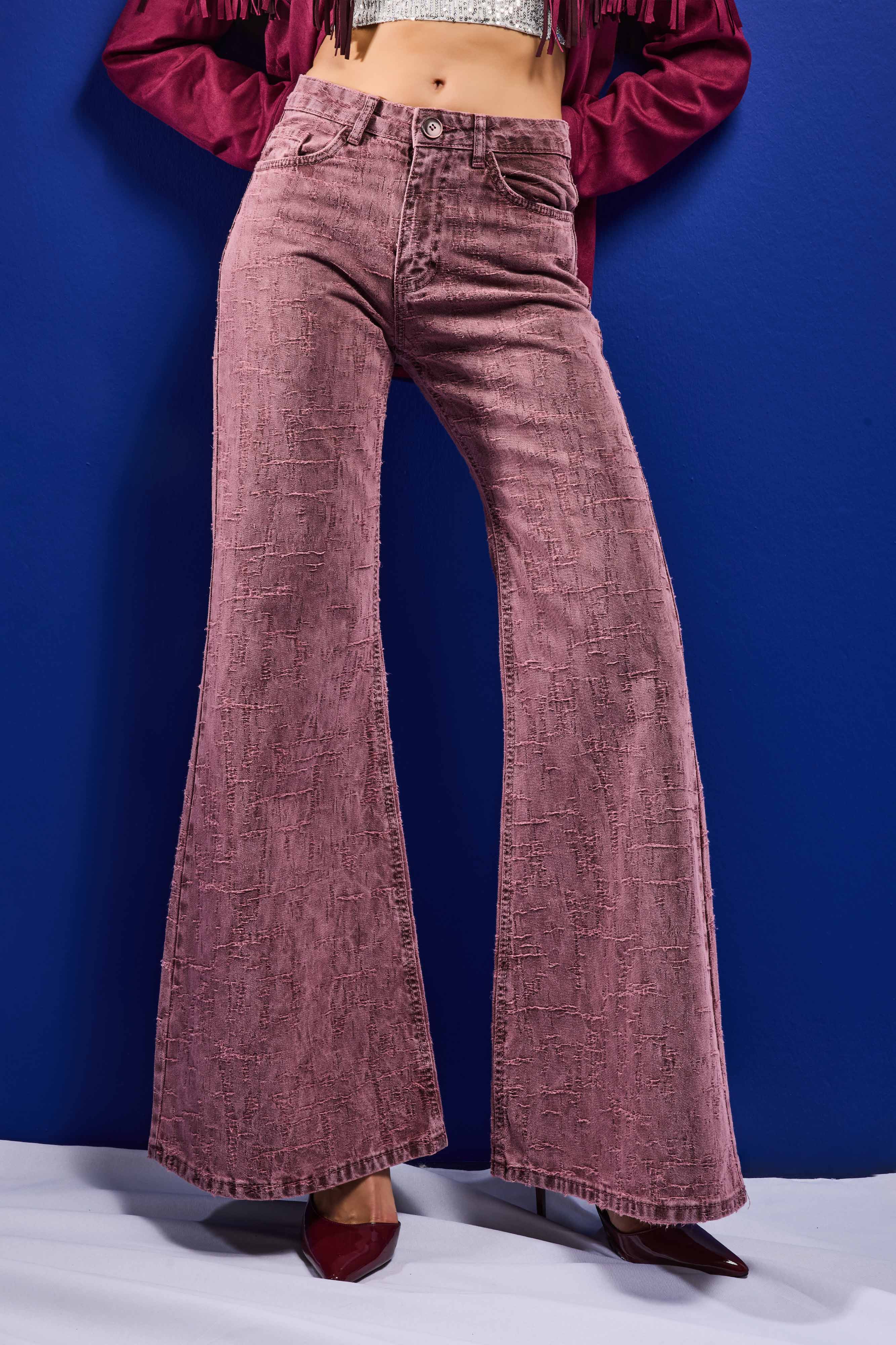 Kadın Gül Kurusu Renk 6s6-98 Flare Fit Özel Kumaş Tasarım Denim Jean