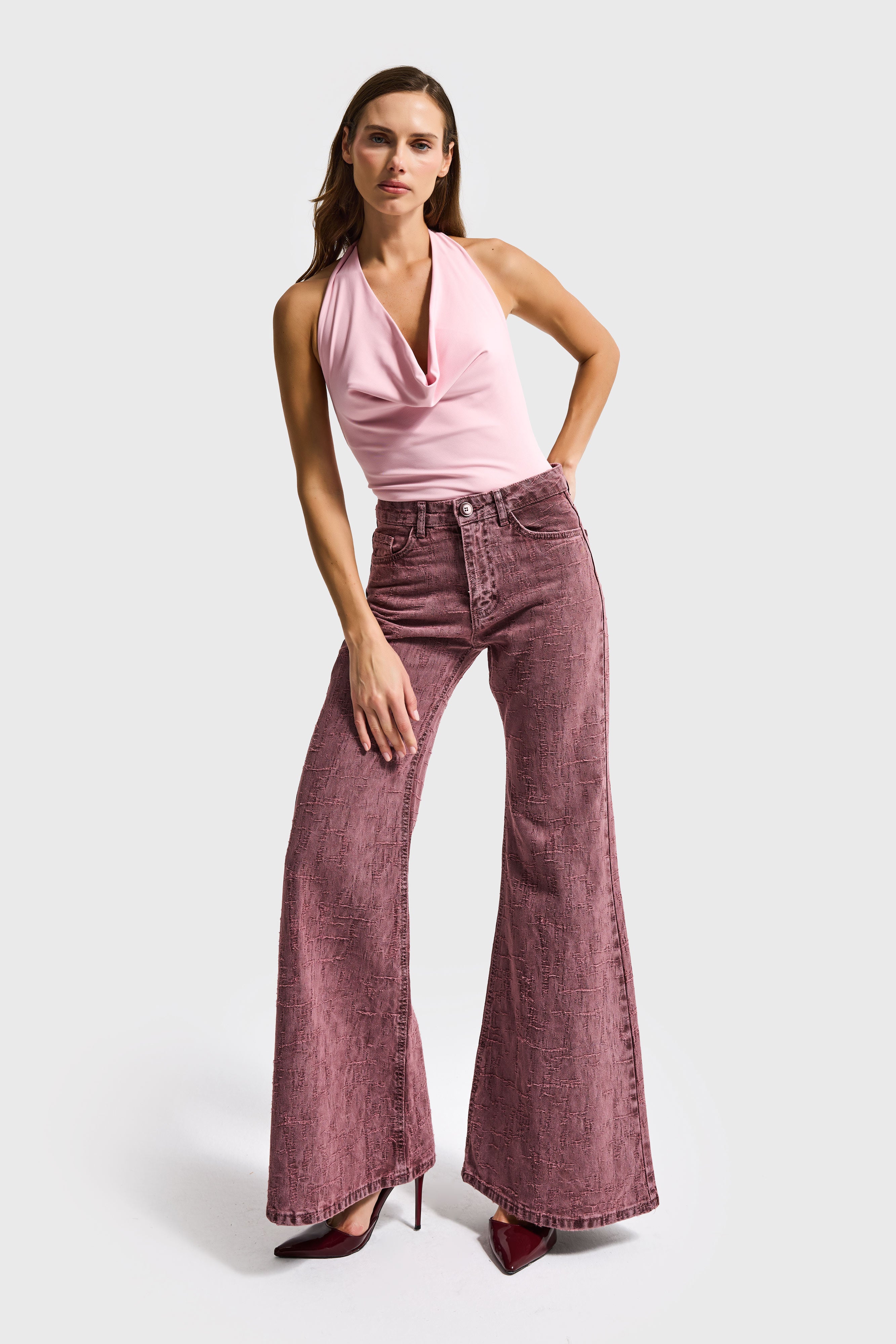 Kadın Gül Kurusu Renk 6s6-98 Flare Fit Özel Kumaş Tasarım Denim Jean