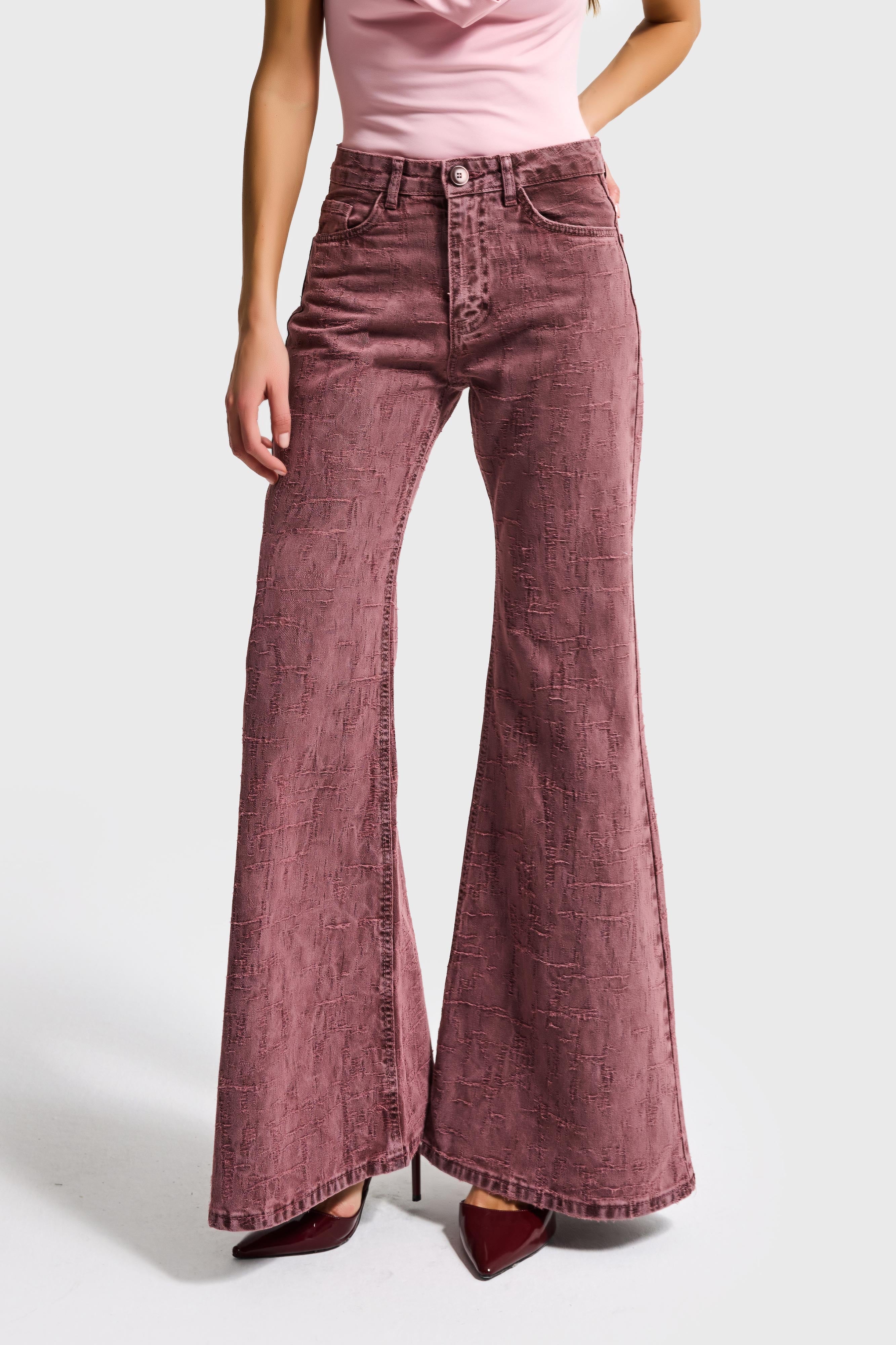 Kadın Gül Kurusu Renk 6s6-98 Flare Fit Özel Kumaş Tasarım Denim Jean