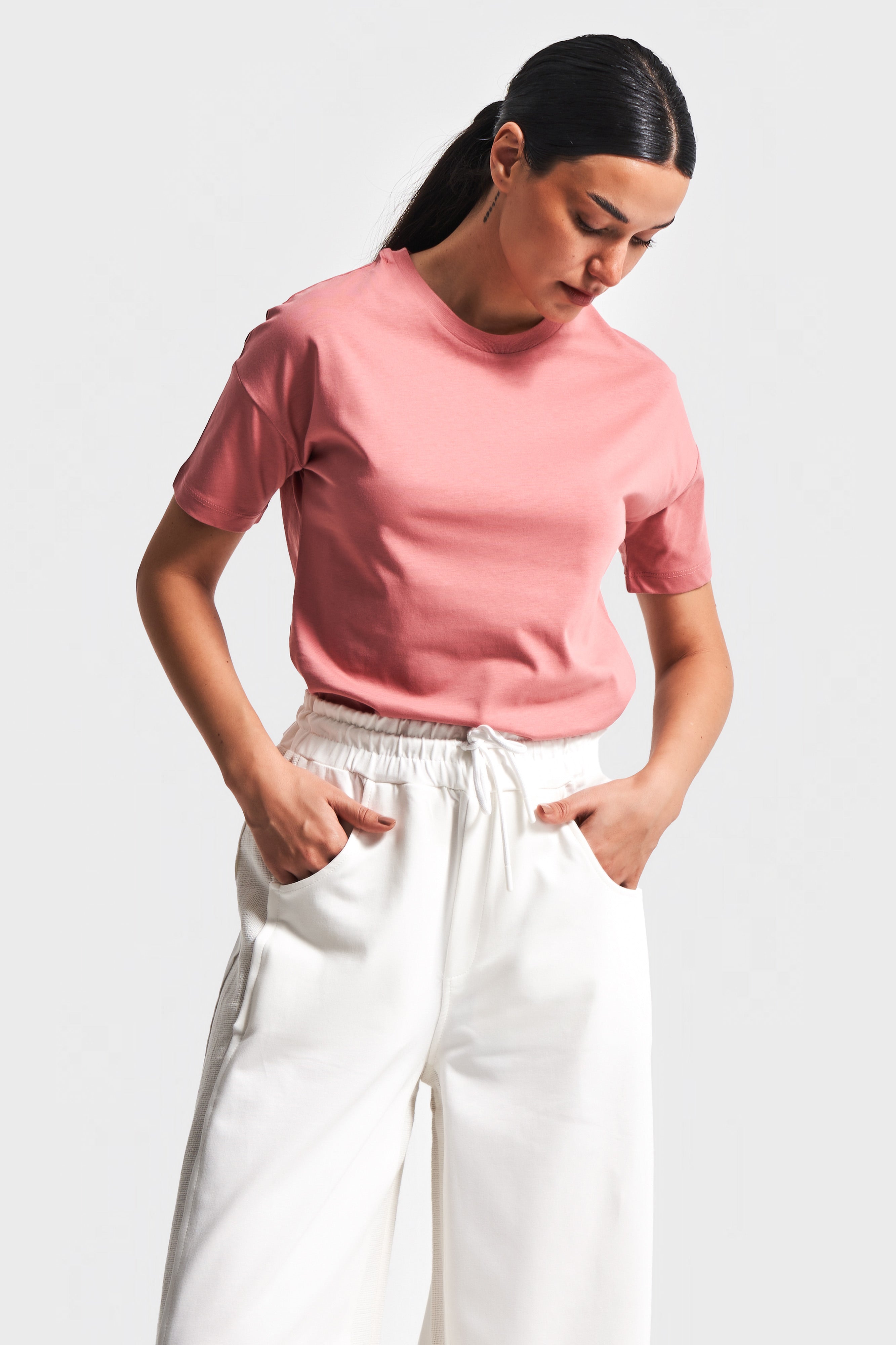 Kadın Gül Kurusu Renk S5-104 %100 Pamuk Basic Bisiklet Yaka T-Shirt
