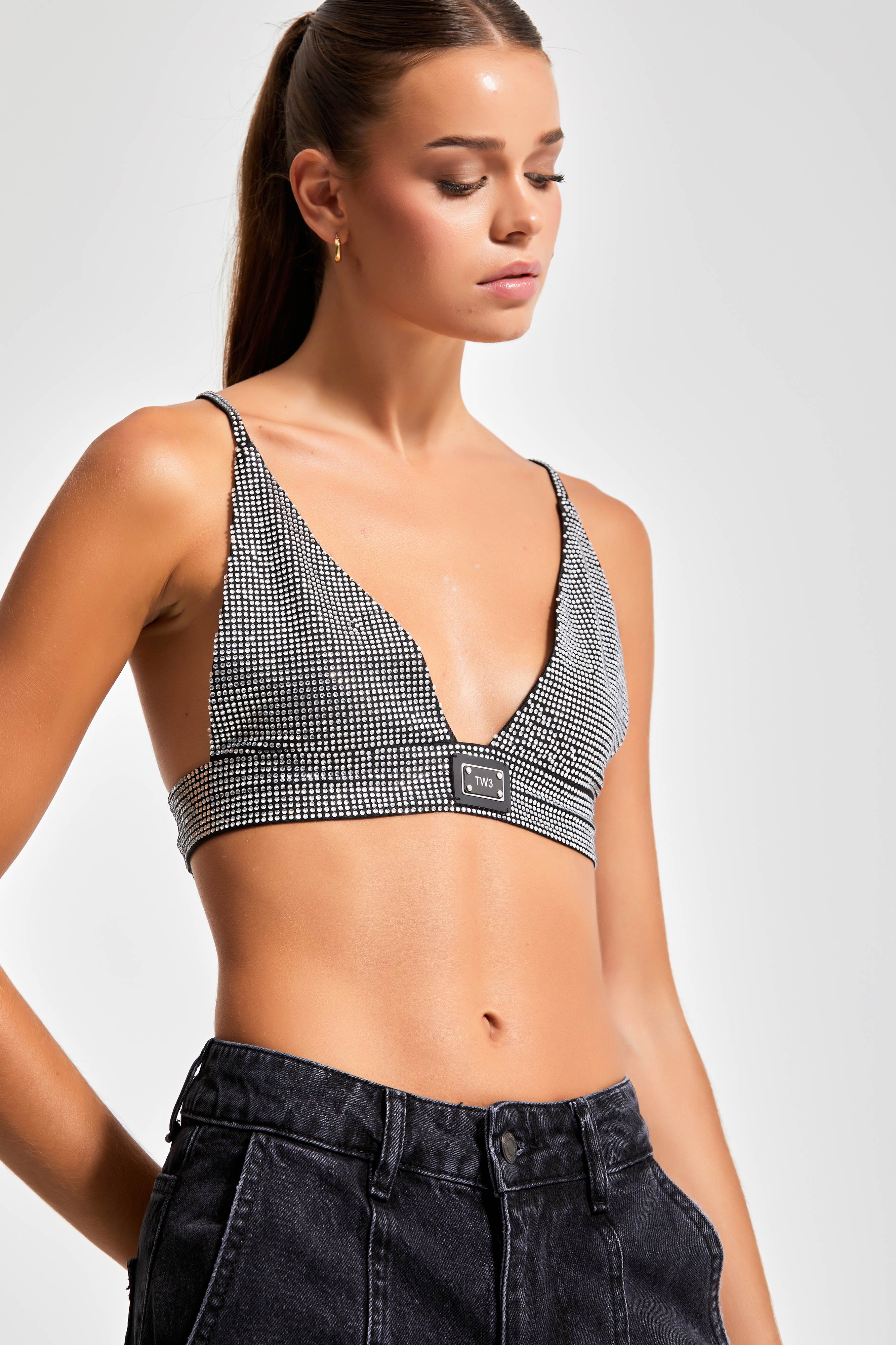 Women's Silver Gray Color Shiny Stone Bustier Bralet