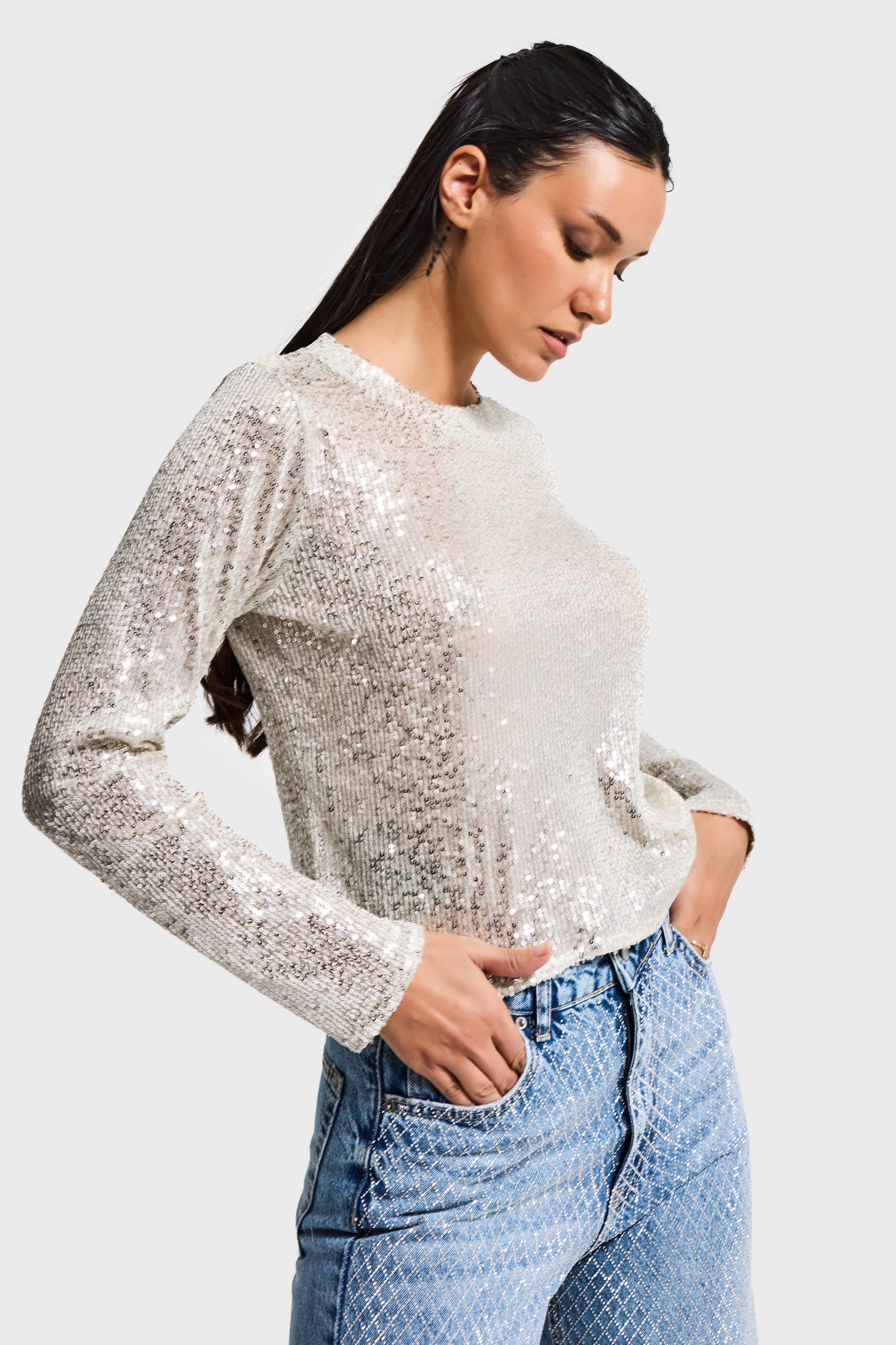 Kadın Gümüş Renk Pul Payet Detaylı Düz Kesim Bluz