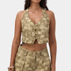 Women's Khaki Floral s6-121 Crop Buttoned Vest with Accessory Details