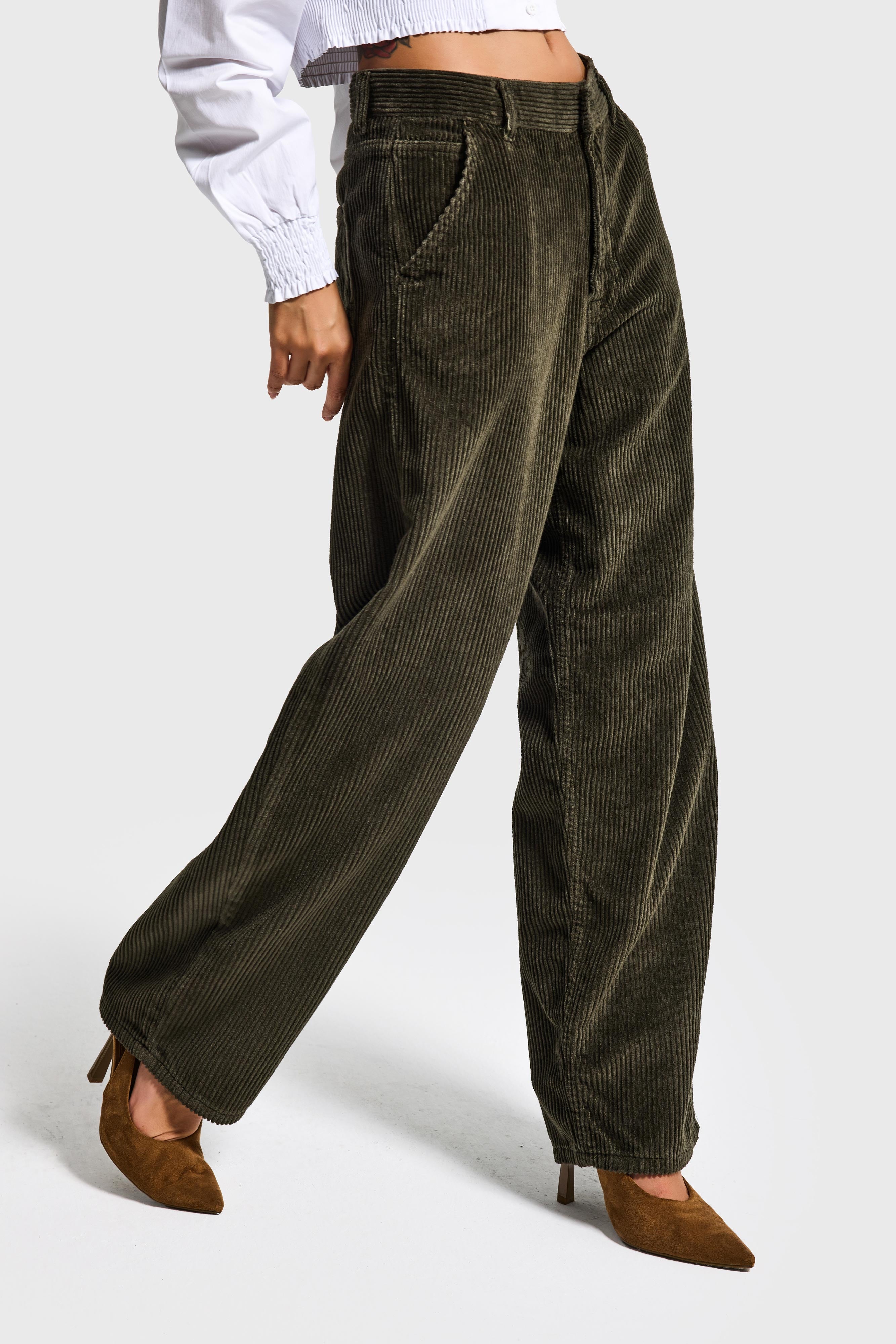 Kadın Haki Juniper 26w5-15 Skater Fit Fitilli Velvet Kadife Kumaş Pantolon