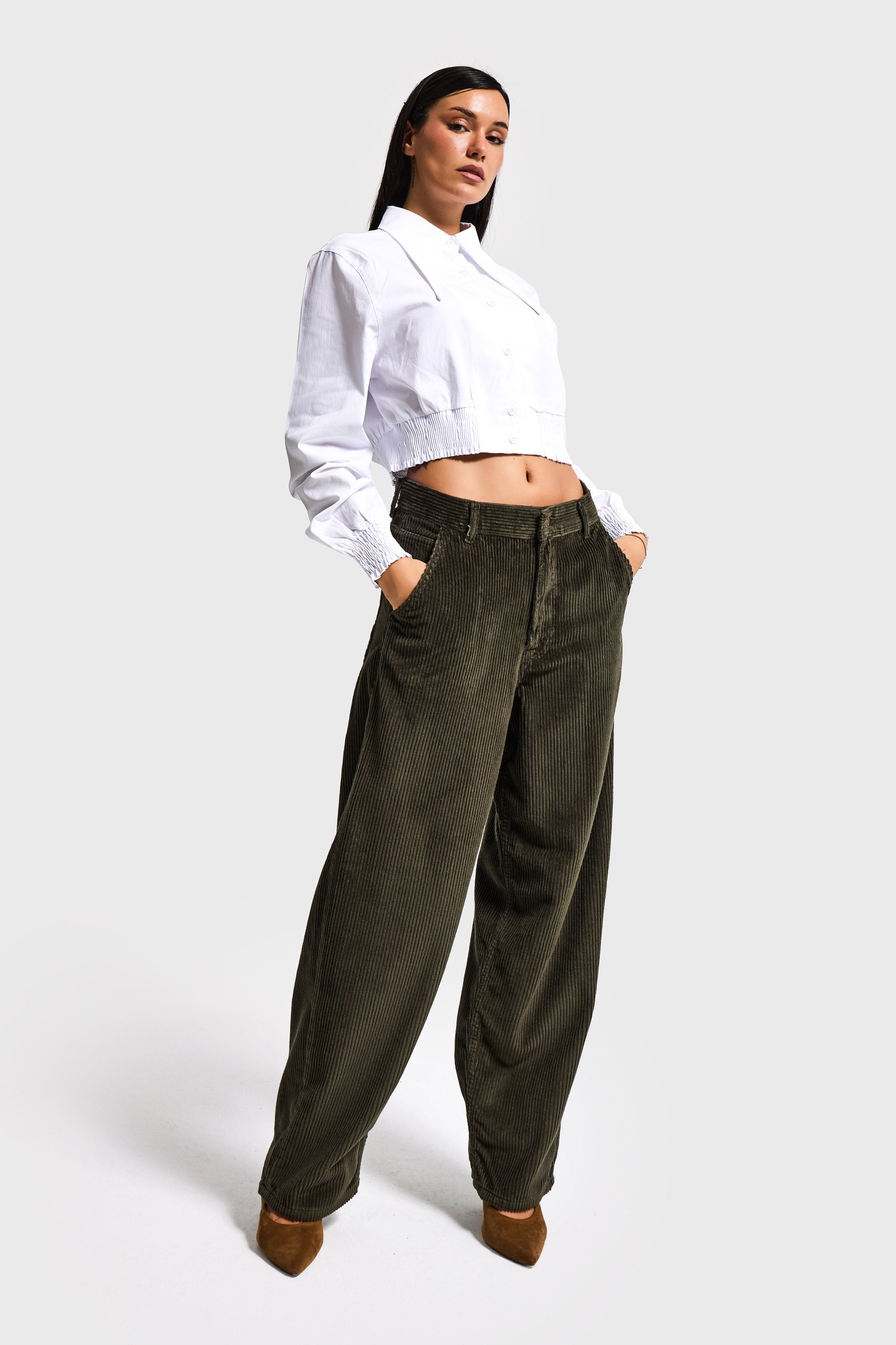 Kadın Haki Juniper 26w5-15 Skater Fit Fitilli Velvet Kadife Kumaş Pantolon