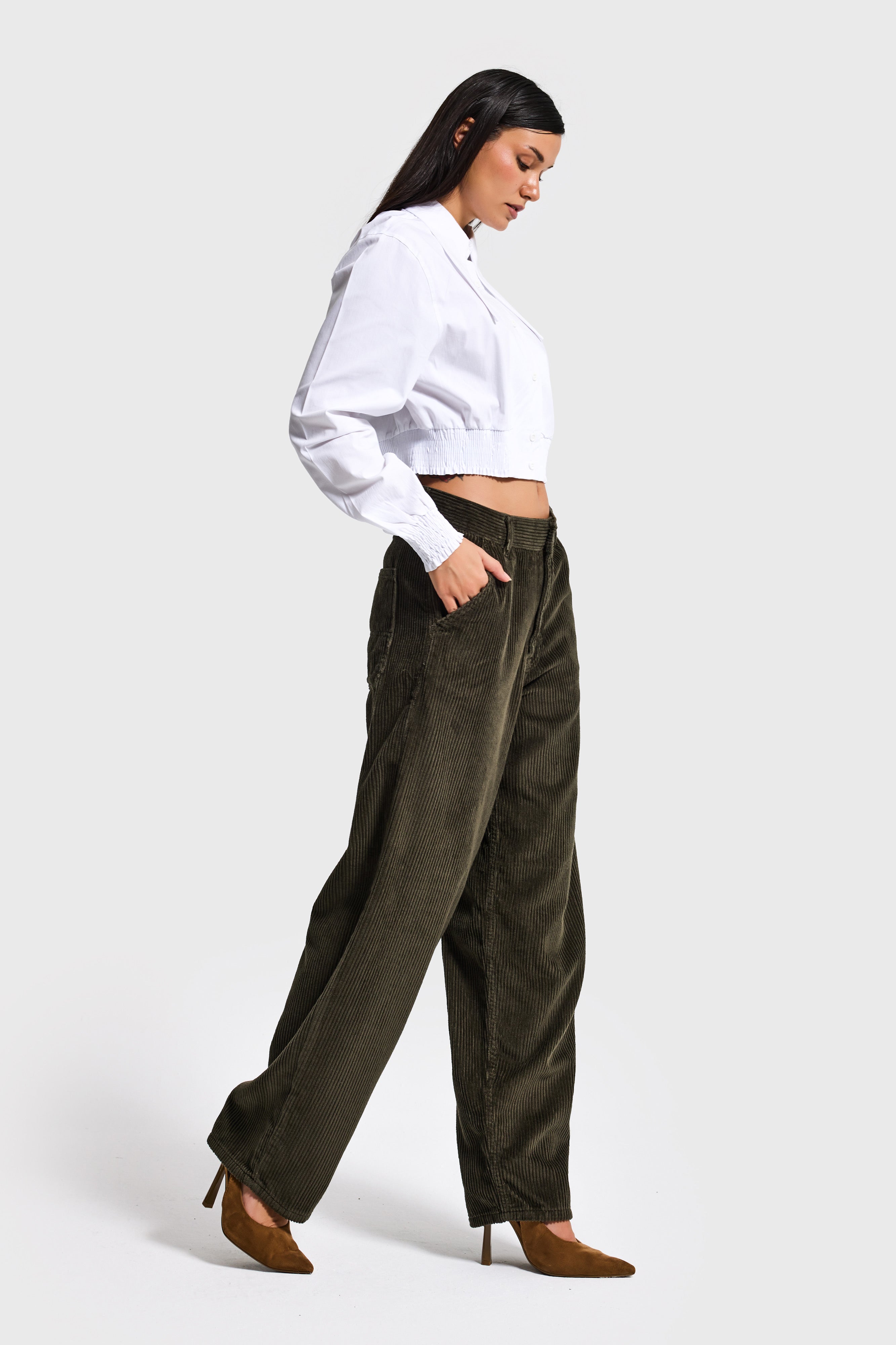 Kadın Haki Juniper 26w5-15 Skater Fit Fitilli Velvet Kadife Kumaş Pantolon