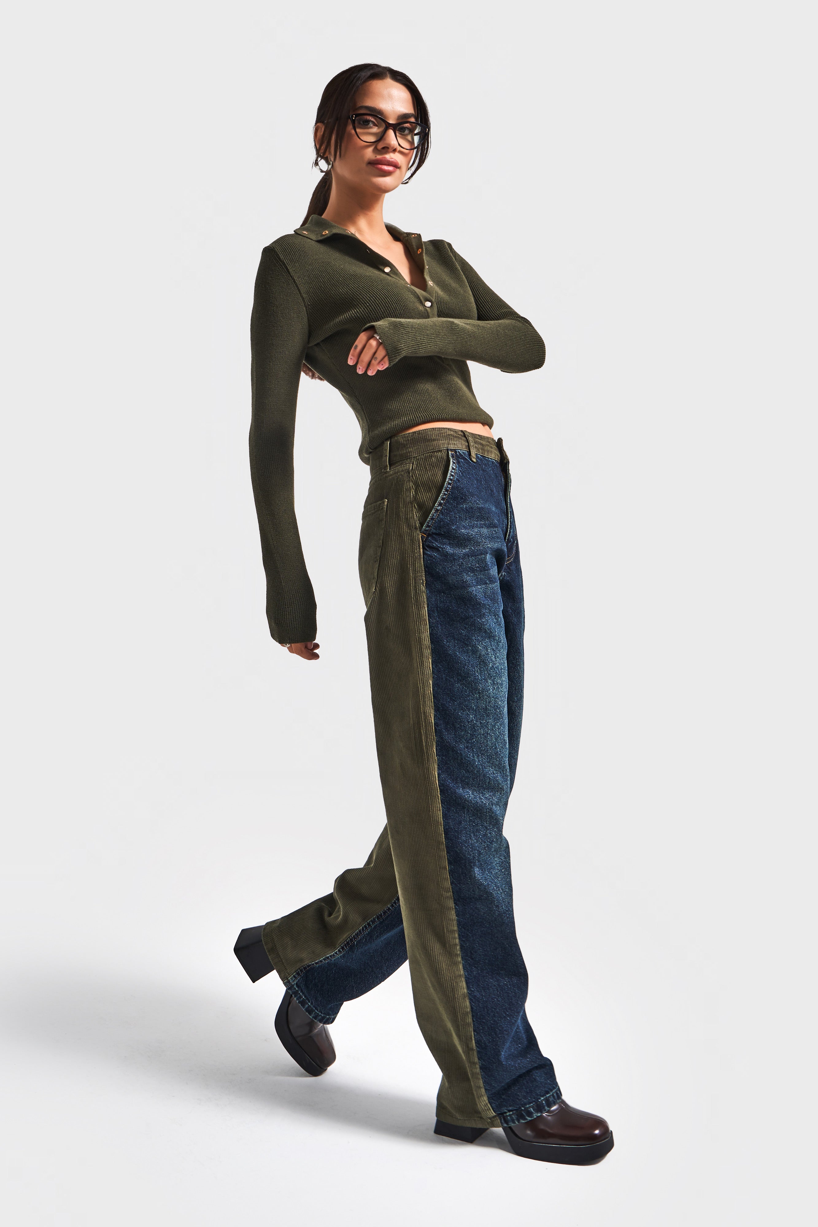 Kadın Haki Kot Rengi 2w5-31 Loose Fit Kadife Denim Kumaş Tasarım Denim Jean
