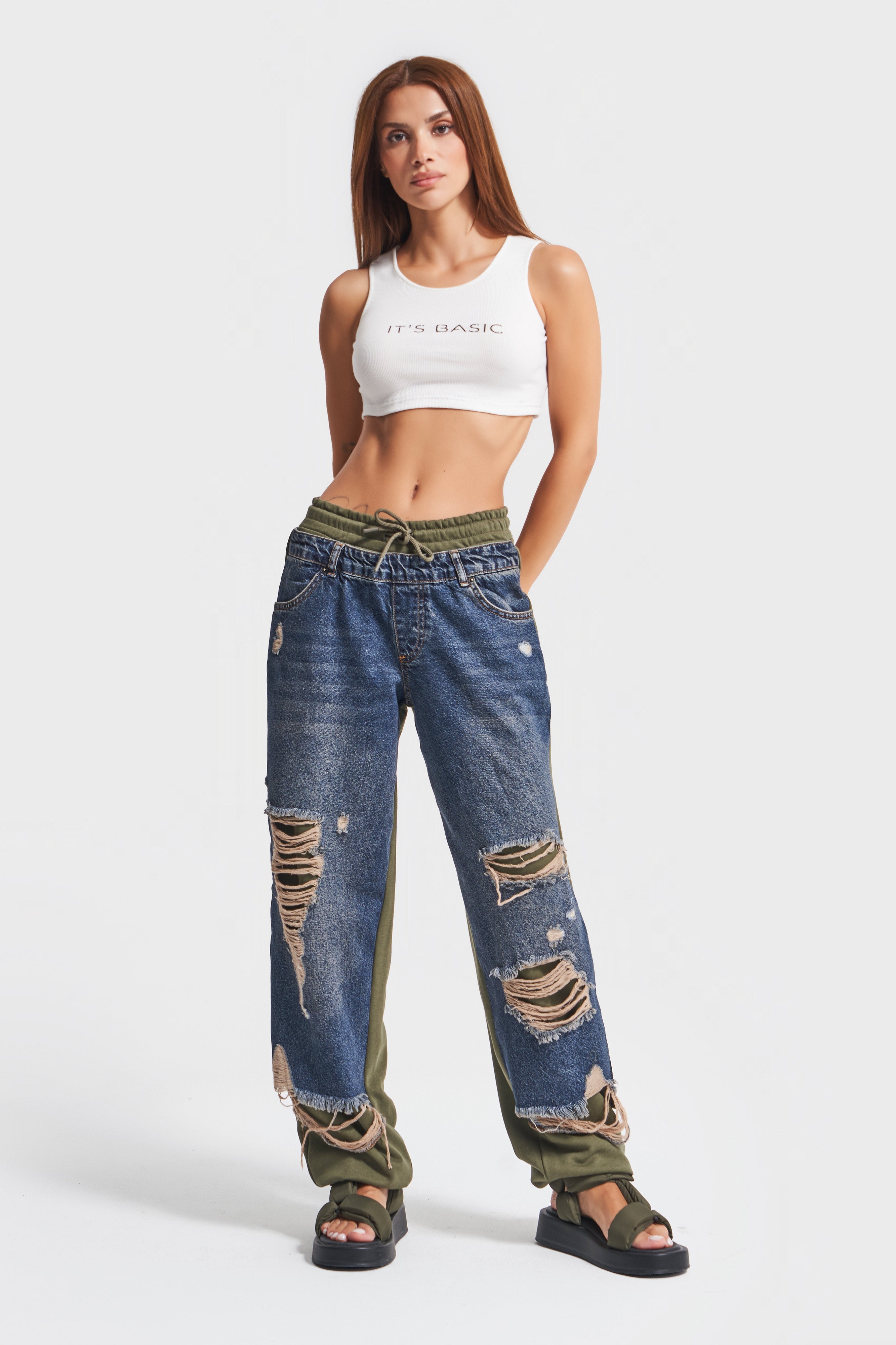 Women Khaki Color 10w48 Piece Fabric Design Jogger Denim