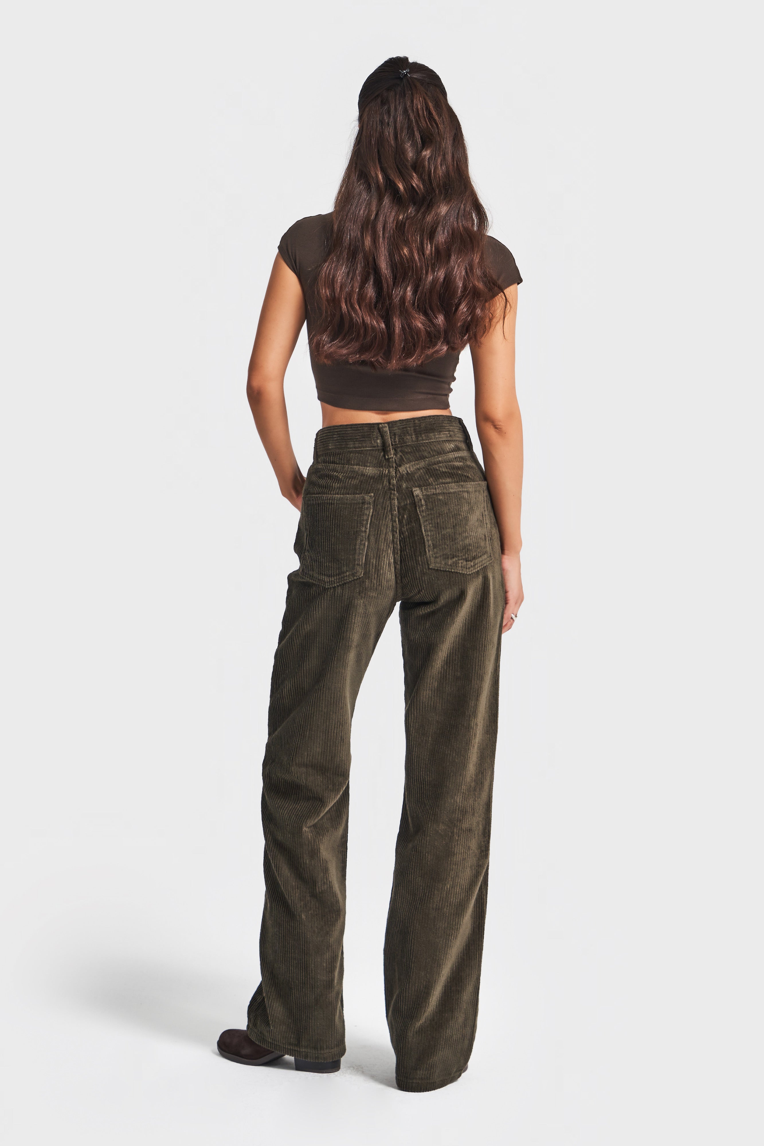 Kadın Haki Renk Doris 26w5-15 Straight Fit Yüksek Bel Kalın Fitilli Velvet Kadife Kumaş Pantolon