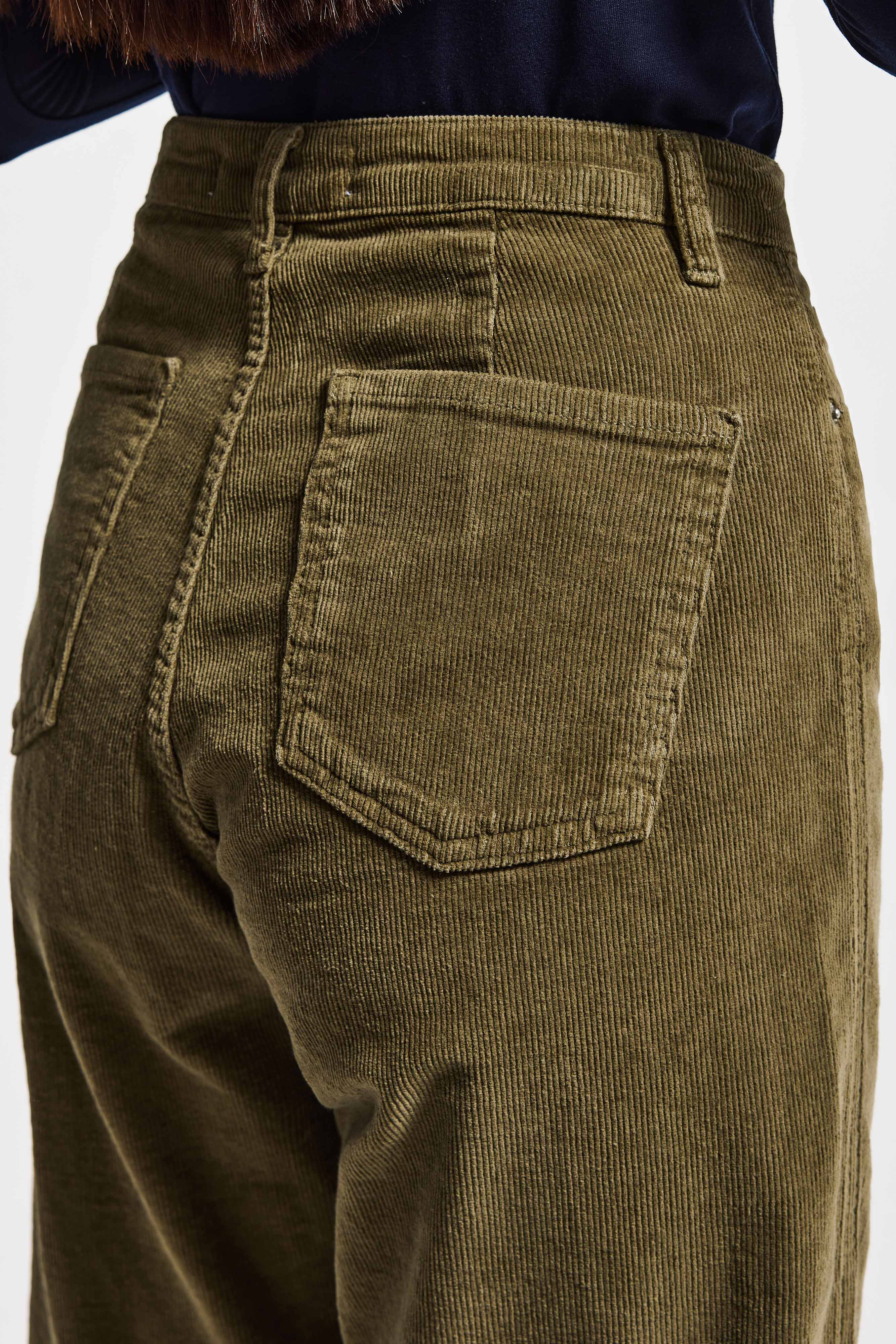 Kadın Haki Renk 29w5-15 Relax Fit Esnek Kumaş İnce Fitilli Velvet Kadife Kumaş Pantolon