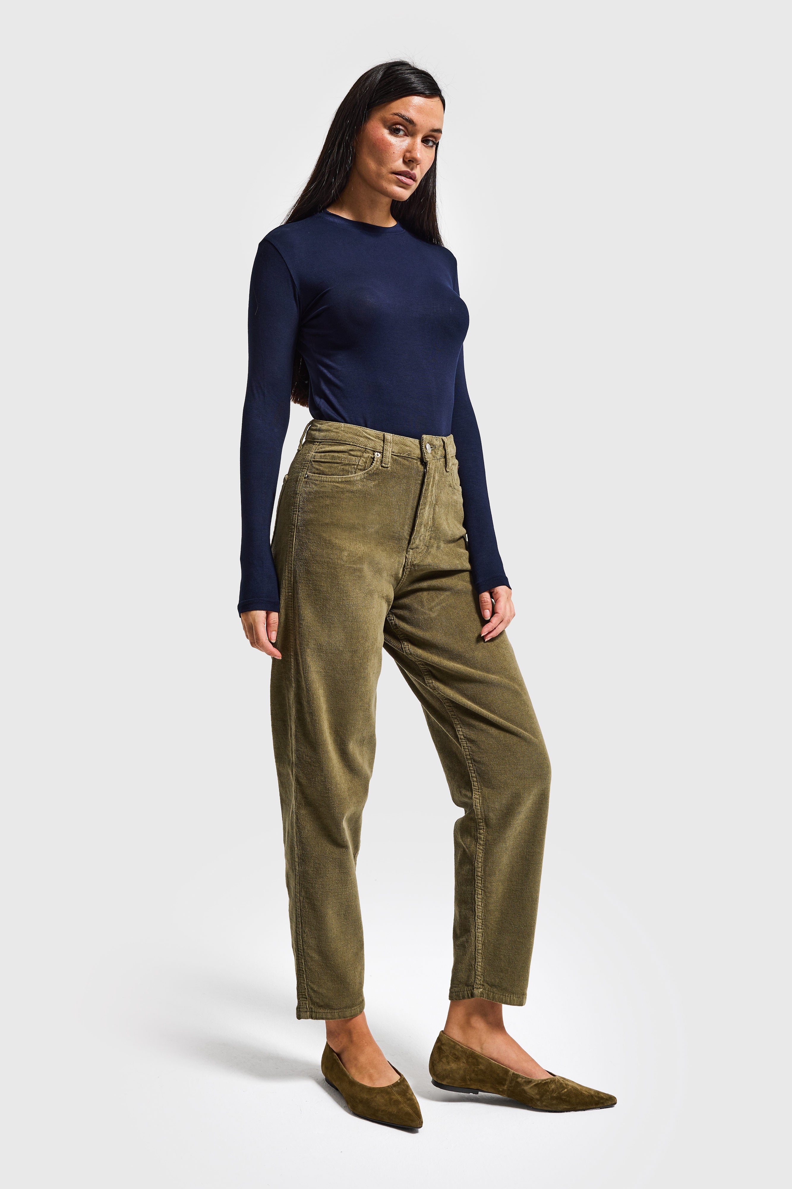 Kadın Haki Renk 29w5-15 Relax Fit Esnek Kumaş İnce Fitilli Velvet Kadife Kumaş Pantolon