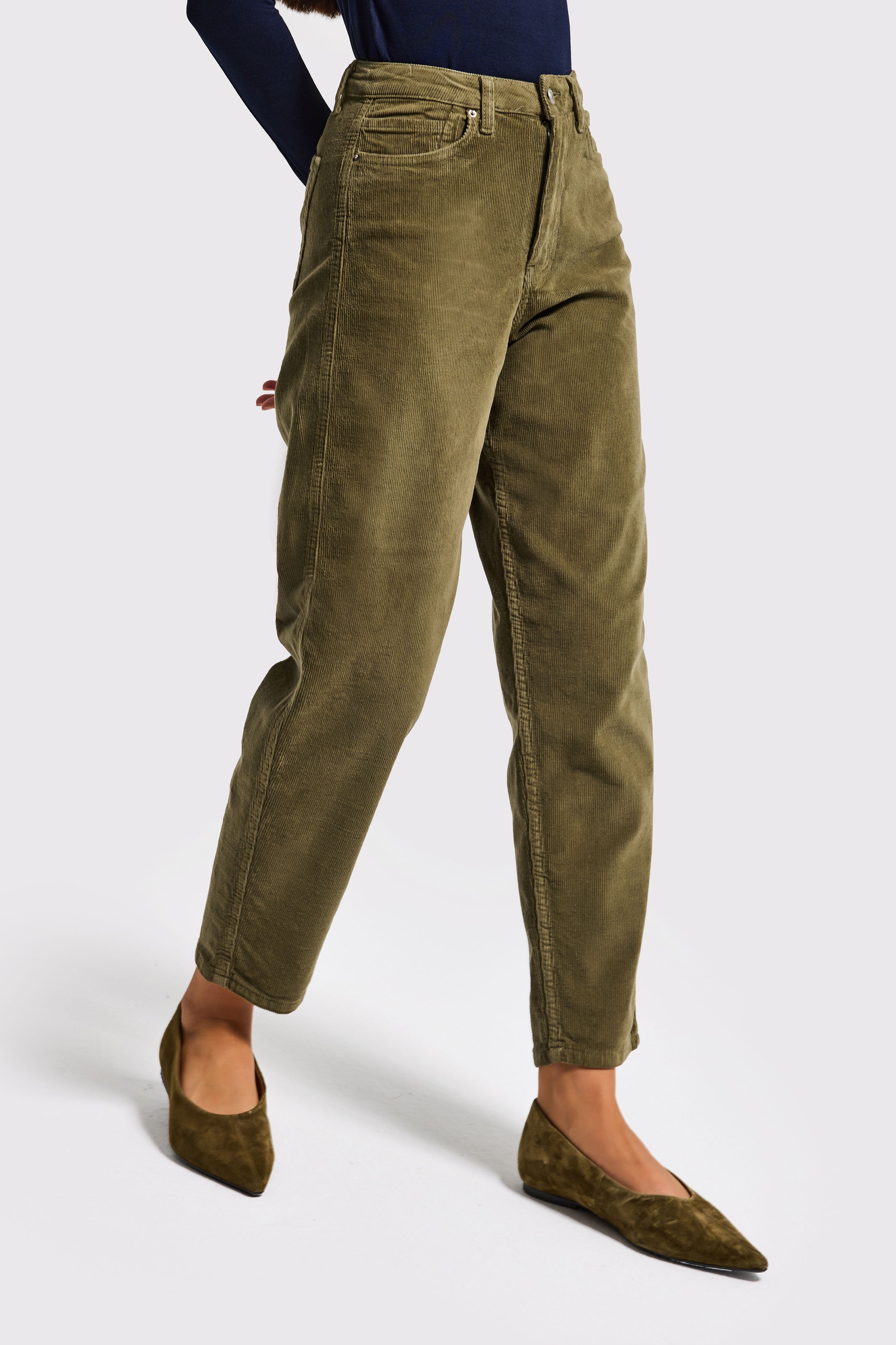 Kadın Haki Renk 29w5-15 Relax Fit Esnek Kumaş İnce Fitilli Velvet Kadife Kumaş Pantolon