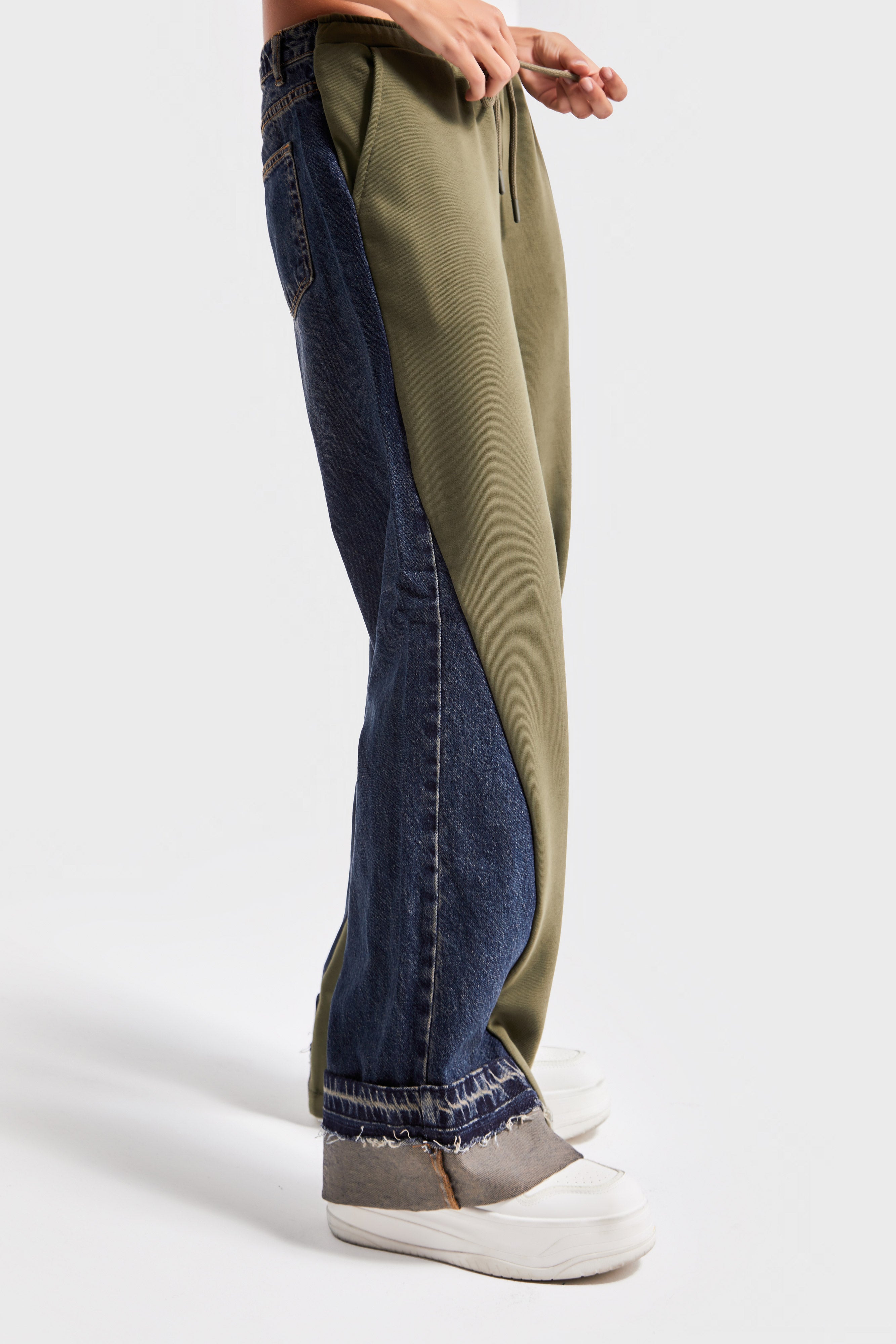 Women's Khaki Color 2w49 Knitted Denim Piece Loose Fit Design Trousers