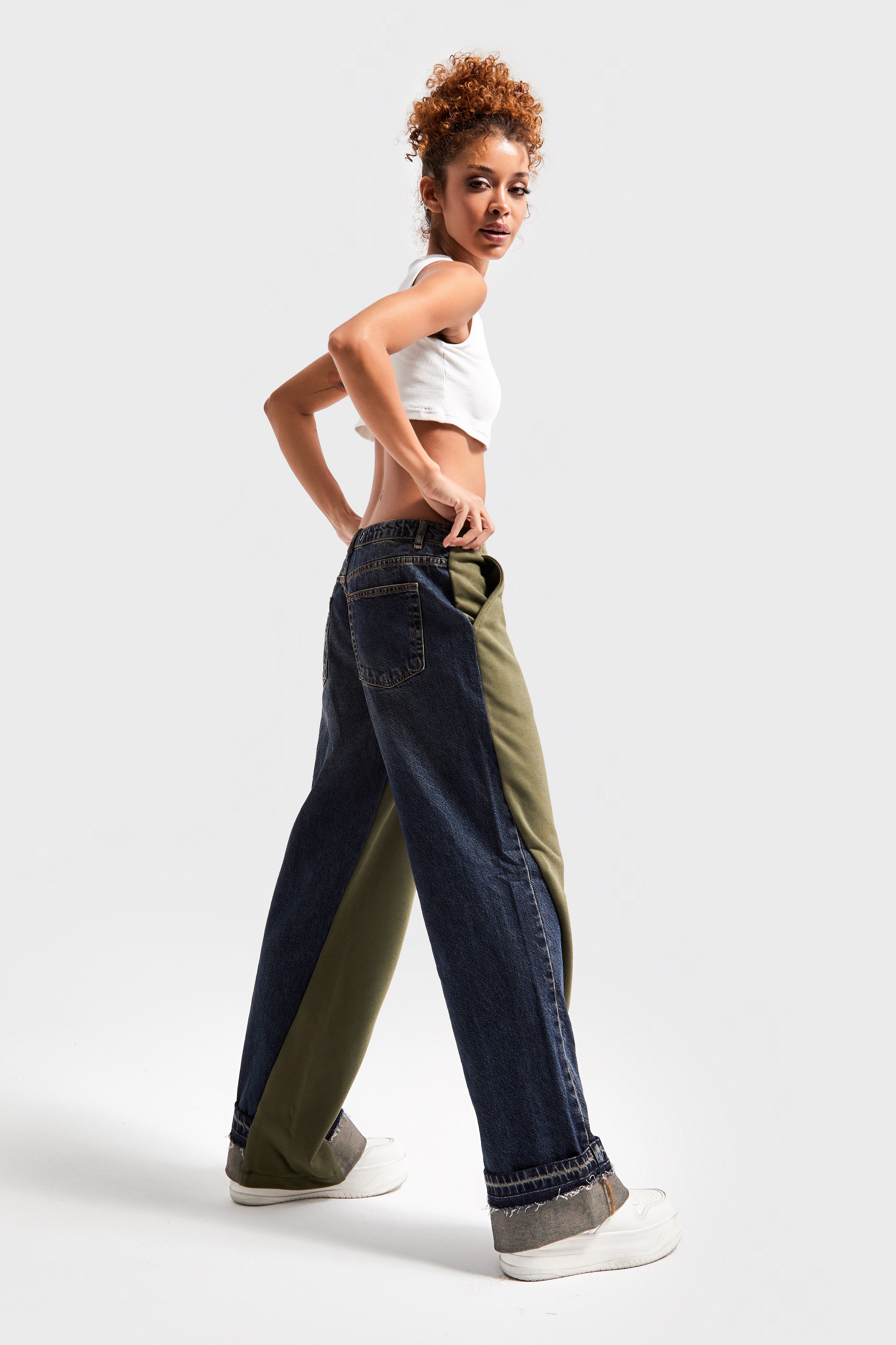 Women's Khaki Color 2w49 Knitted Denim Piece Loose Fit Design Trousers