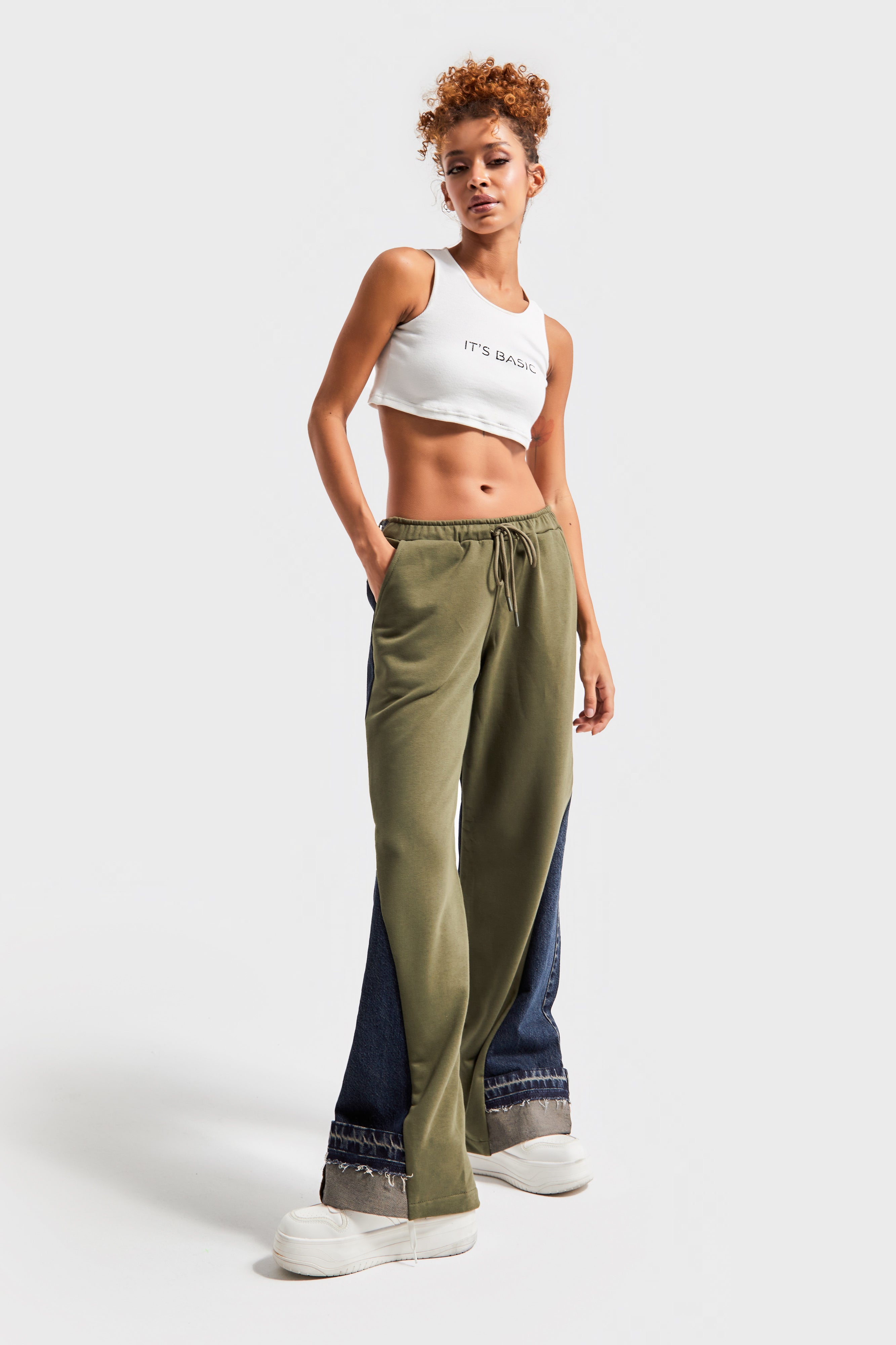 Women's Khaki Color 2w49 Knitted Denim Piece Loose Fit Design Trousers