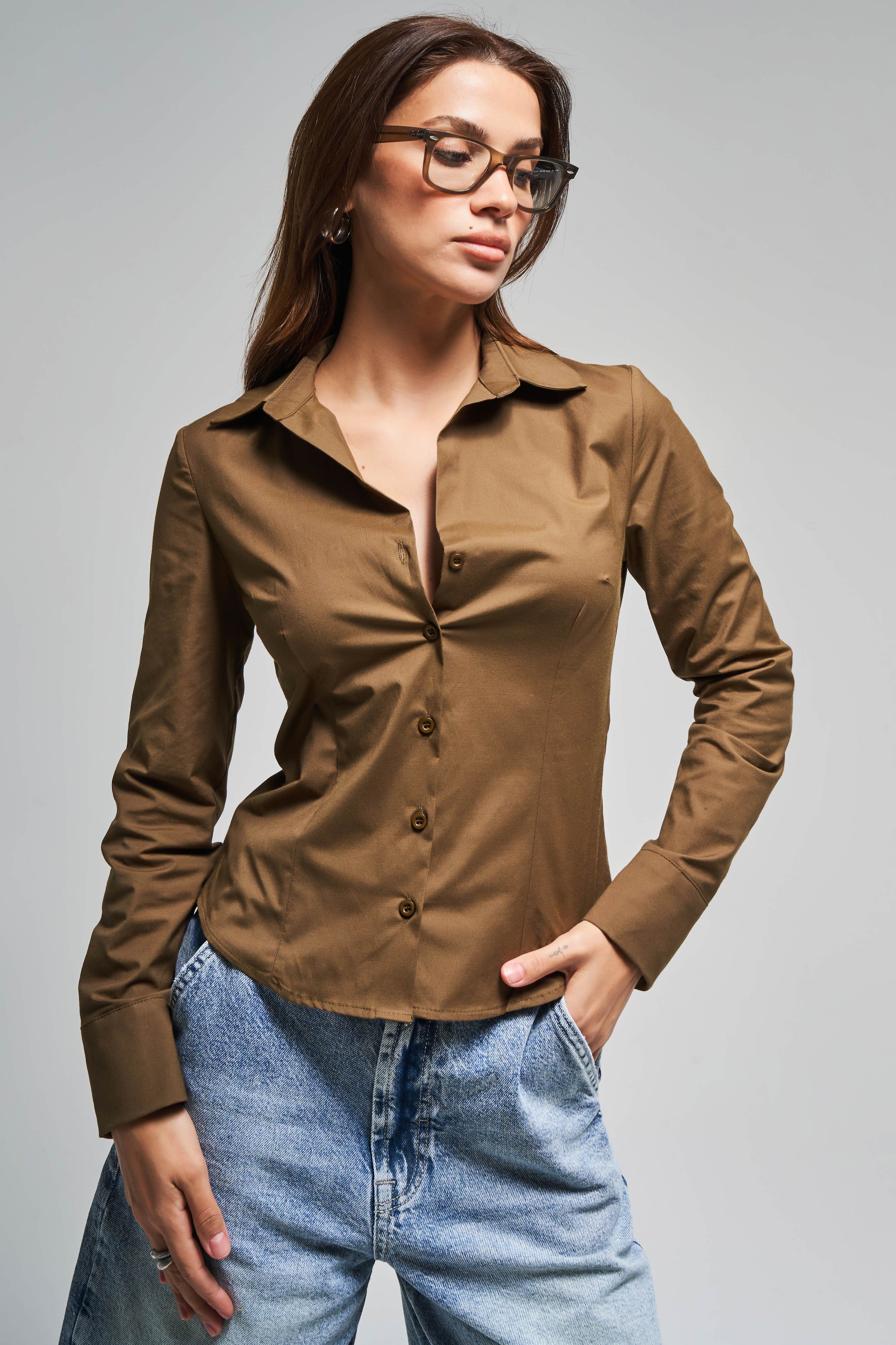Kadın Haki Renk Esnek Kumaş Slim Fit Belden Oturmalı %100 Pamuk Gömlek