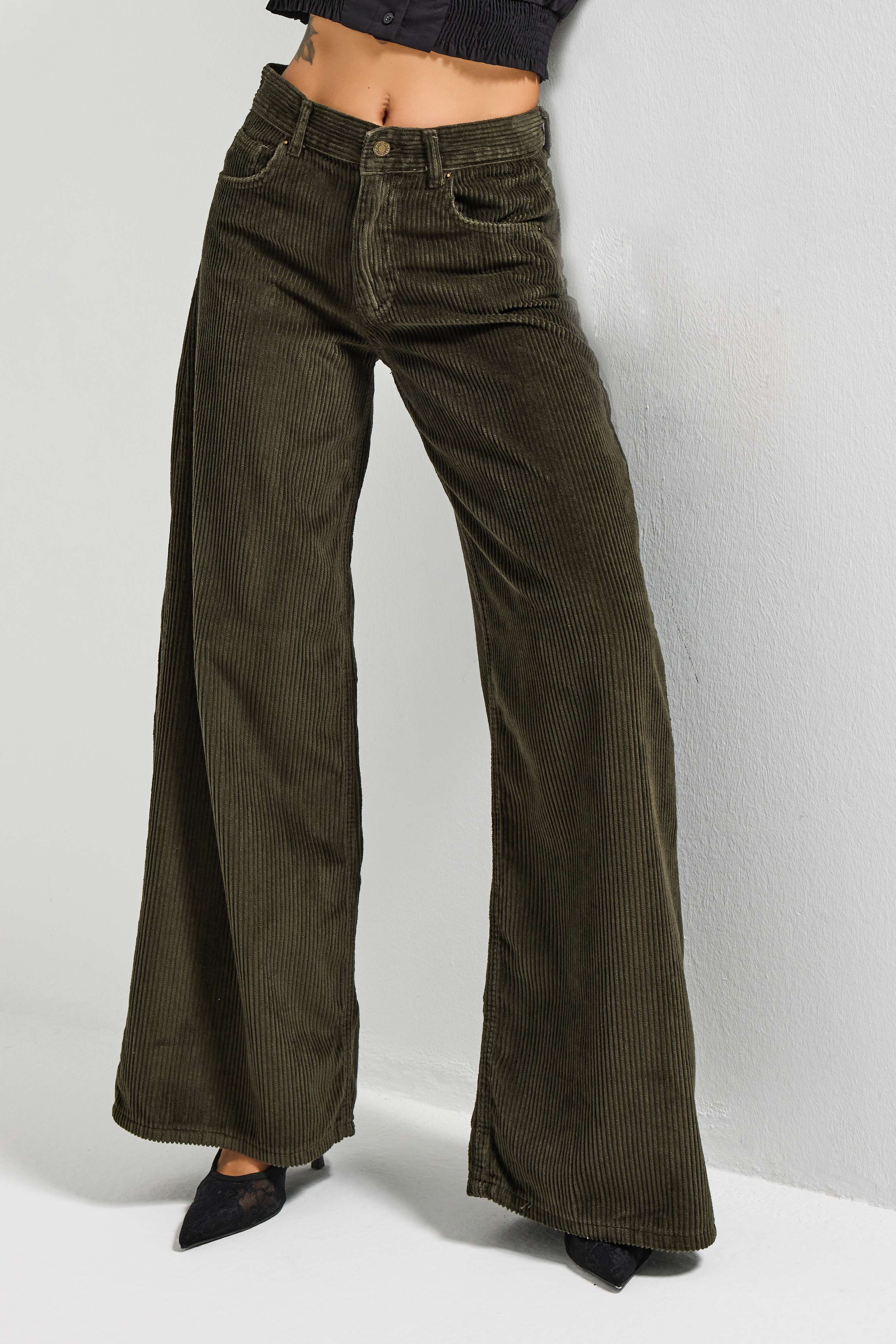 Kadın Haki Renk Hera 26w5-15 Palazzo Fit Kalın Fitilli Velvet Kadife Kumaş Pantolon