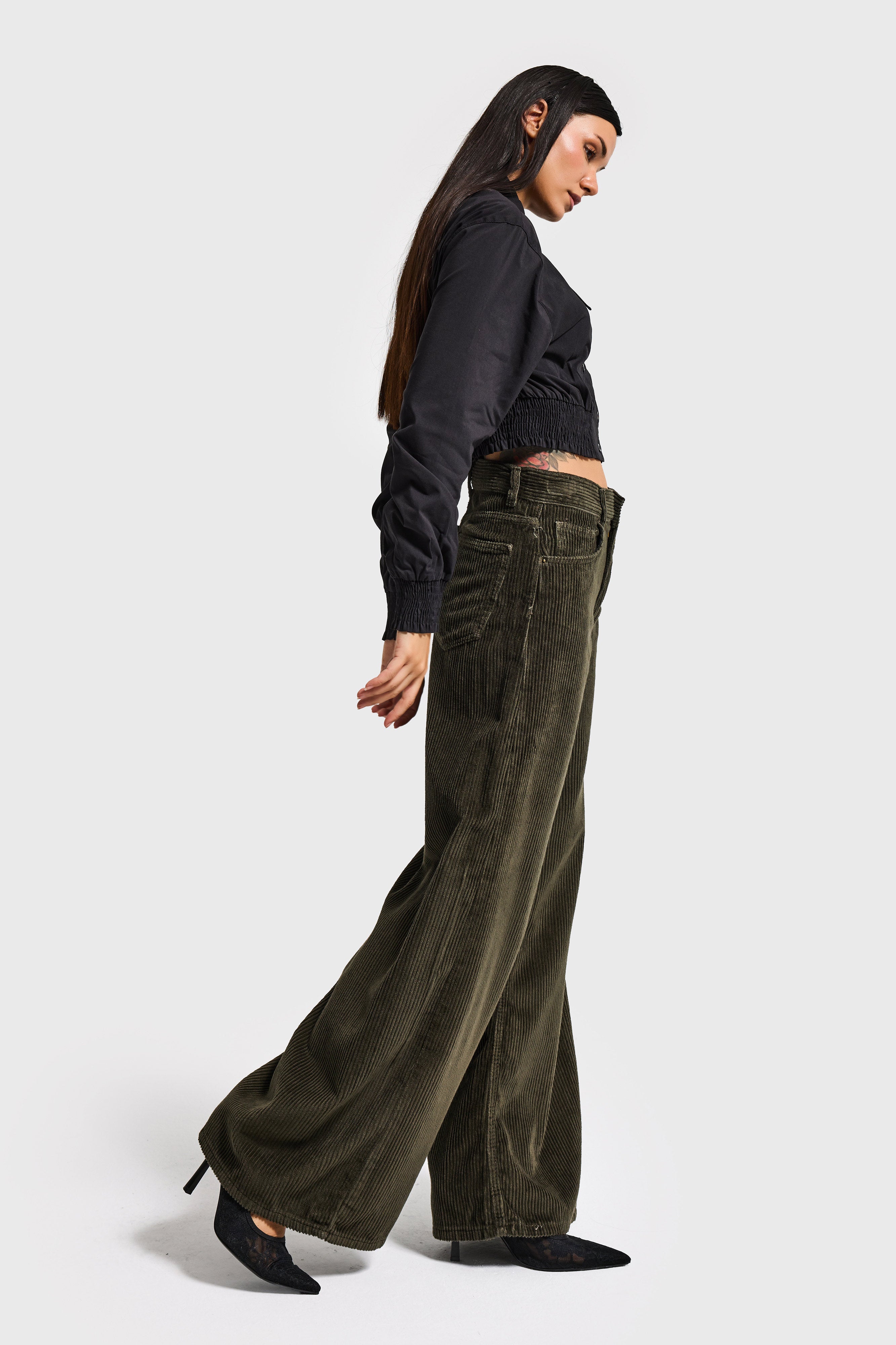 Kadın Haki Renk Hera 26w5-15 Palazzo Fit Kalın Fitilli Velvet Kadife Kumaş Pantolon