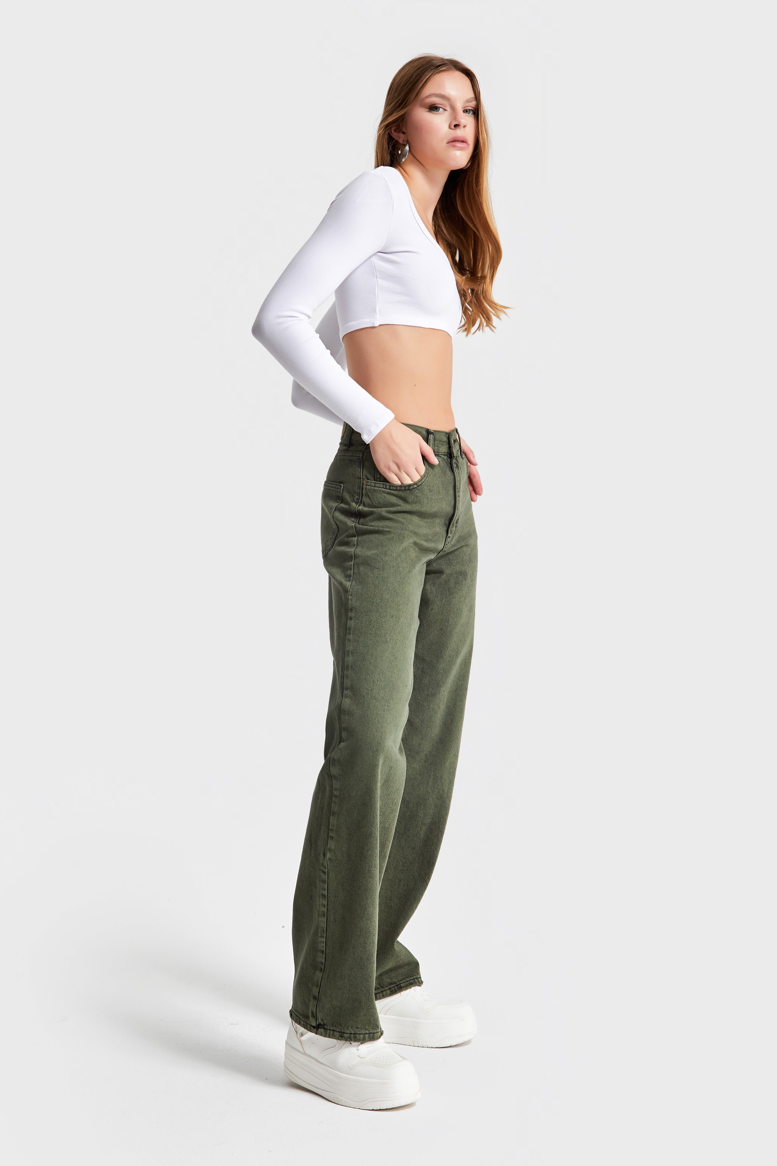 Women's Khaki Color Loose Fit 100% Cotton Mid Waist Denim