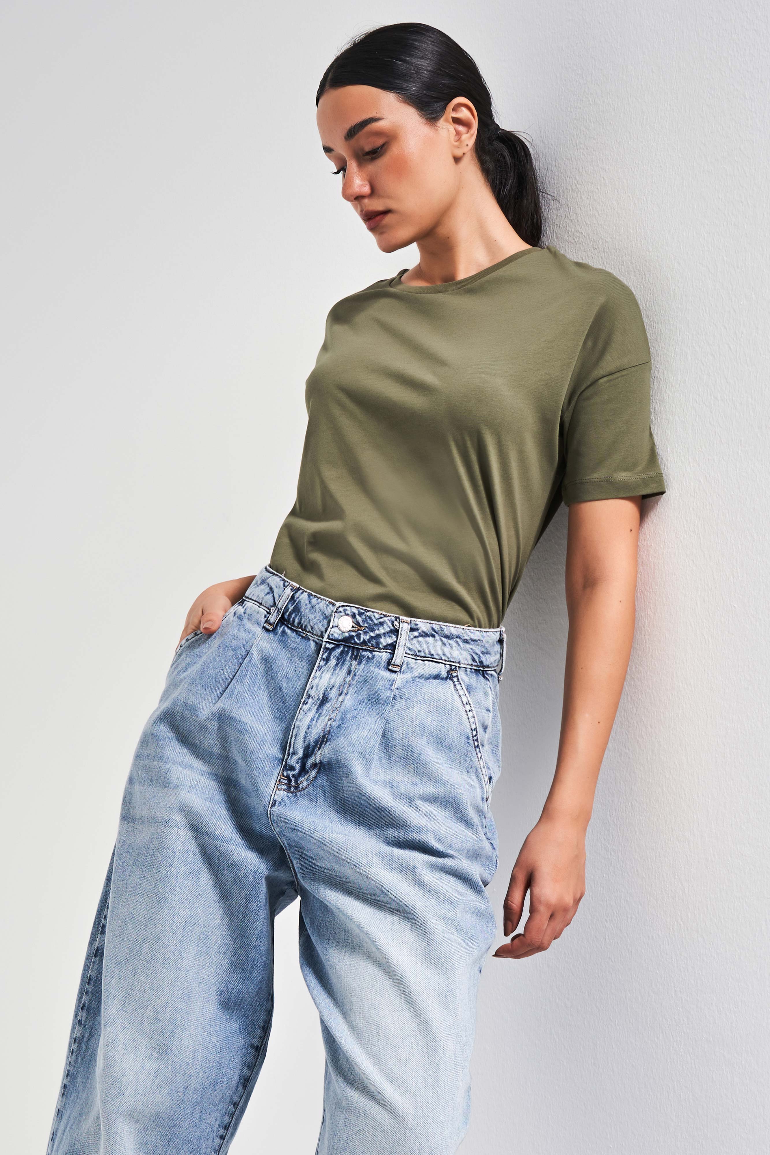 Kadın Haki Renk S5 %100 Pamuk Bisiklet Yaka Basic T-Shirt
