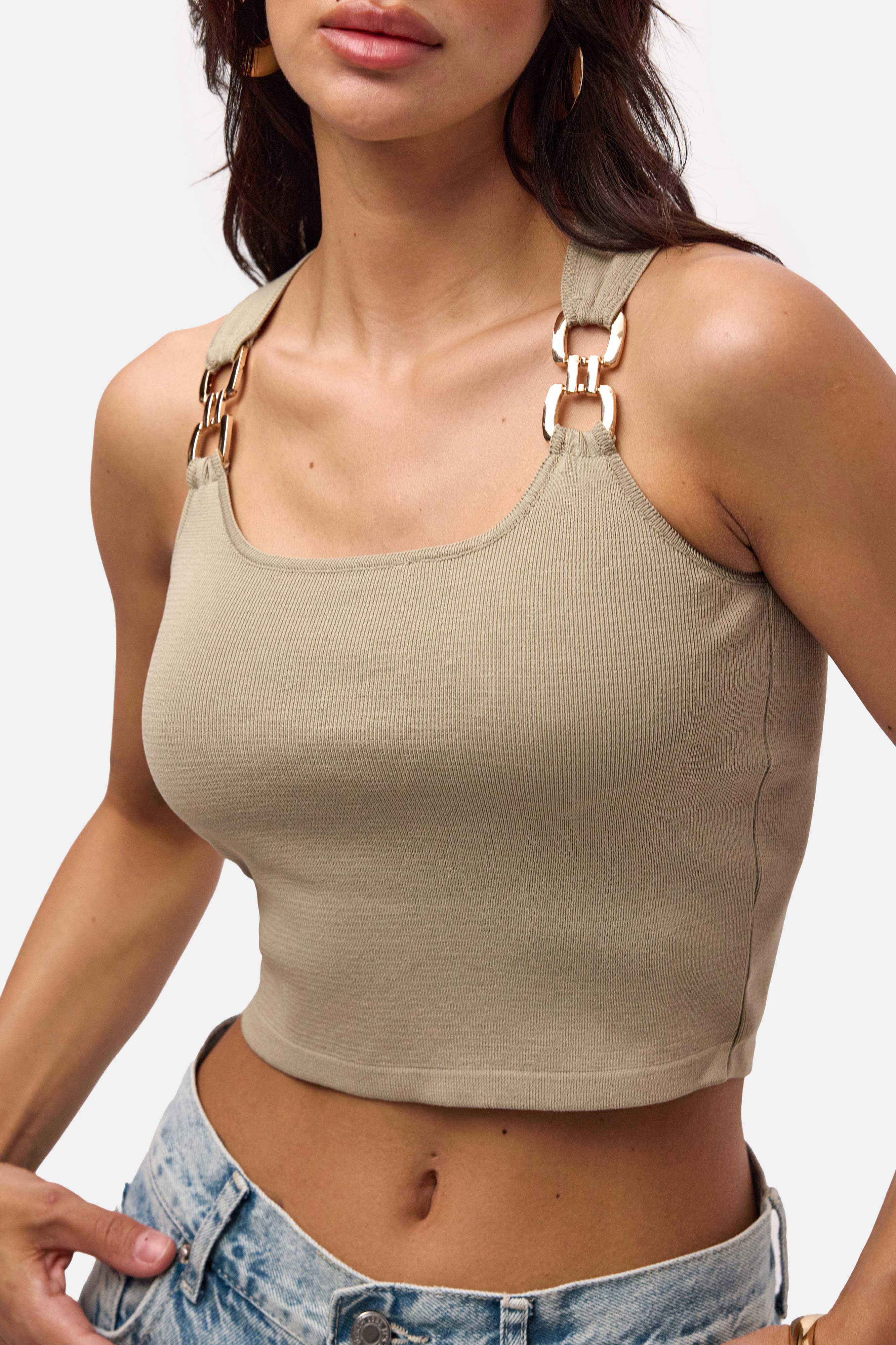 Kadın Haki s6-106 Aksesuar Detaylı Crop Bluz