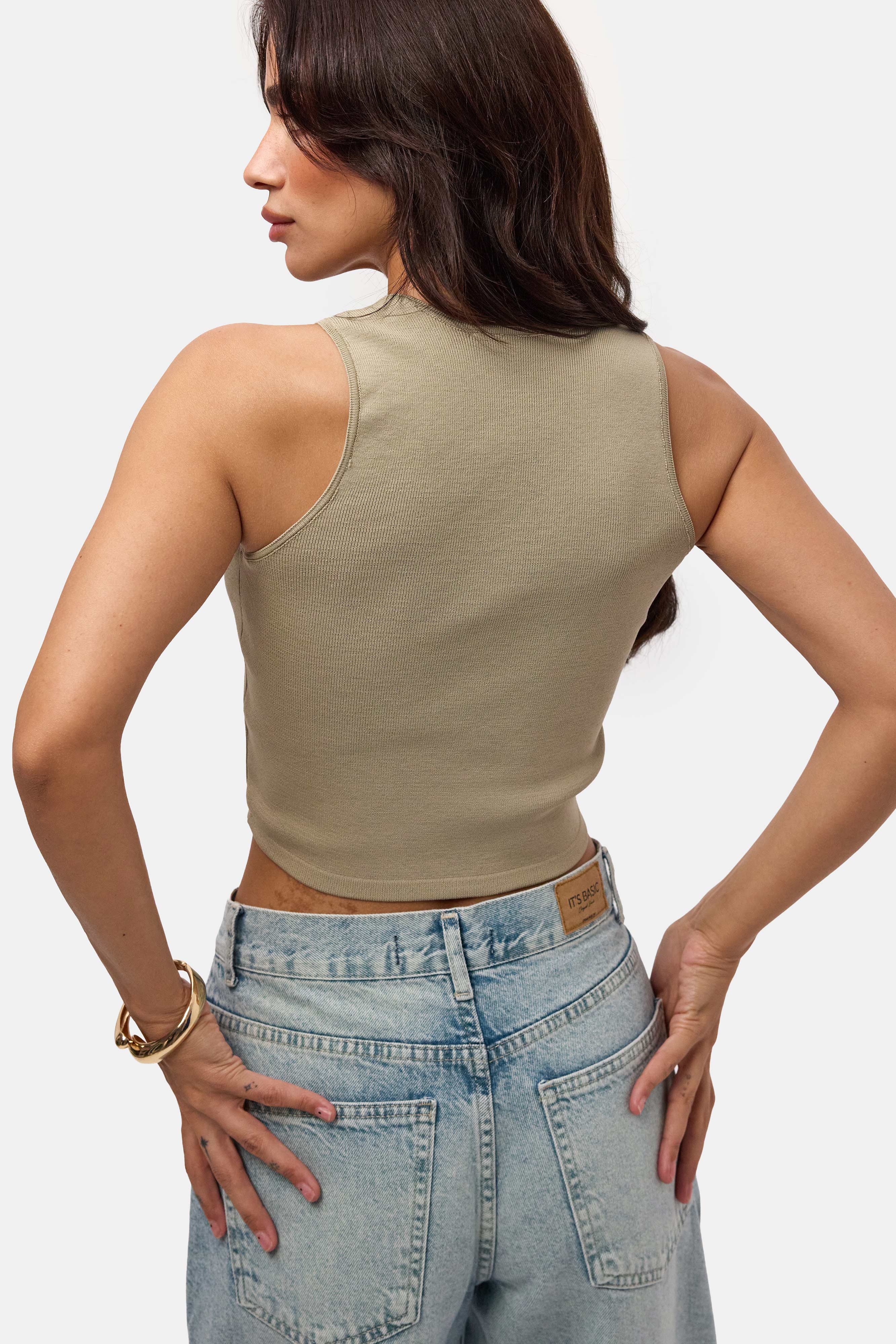 Kadın Haki s6-106 Aksesuar Detaylı Crop Bluz