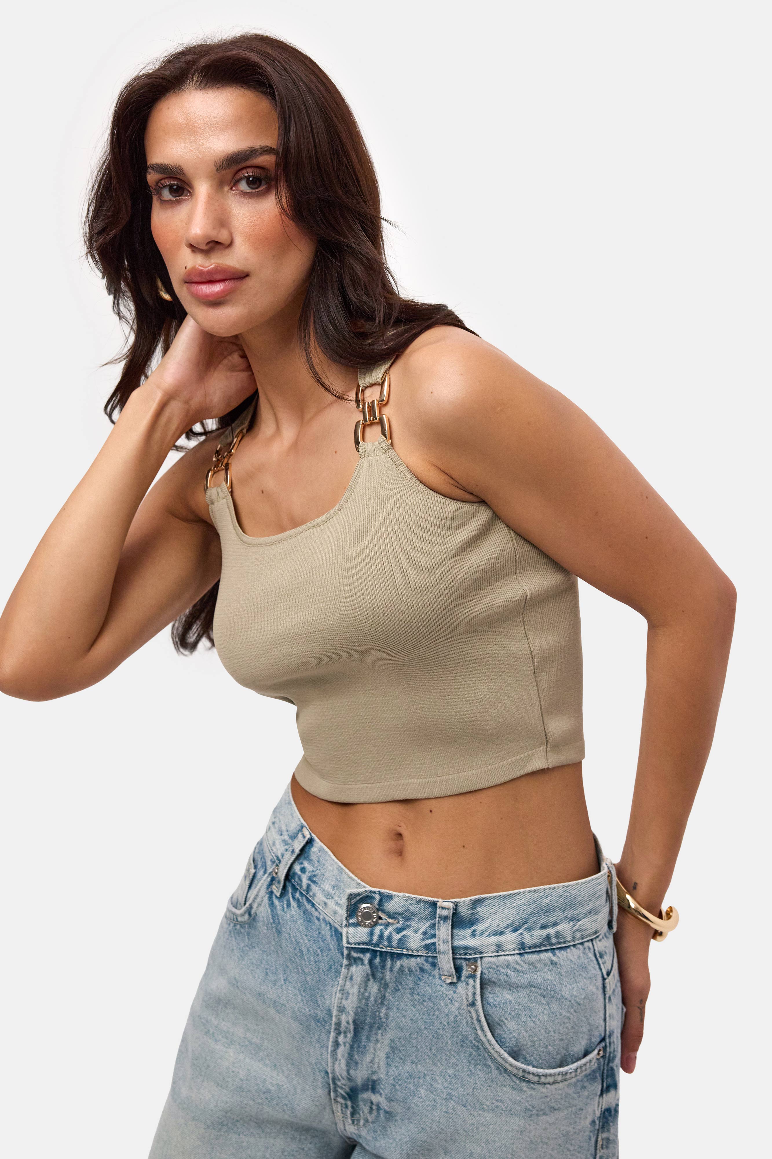 Kadın Haki s6-106 Aksesuar Detaylı Crop Bluz