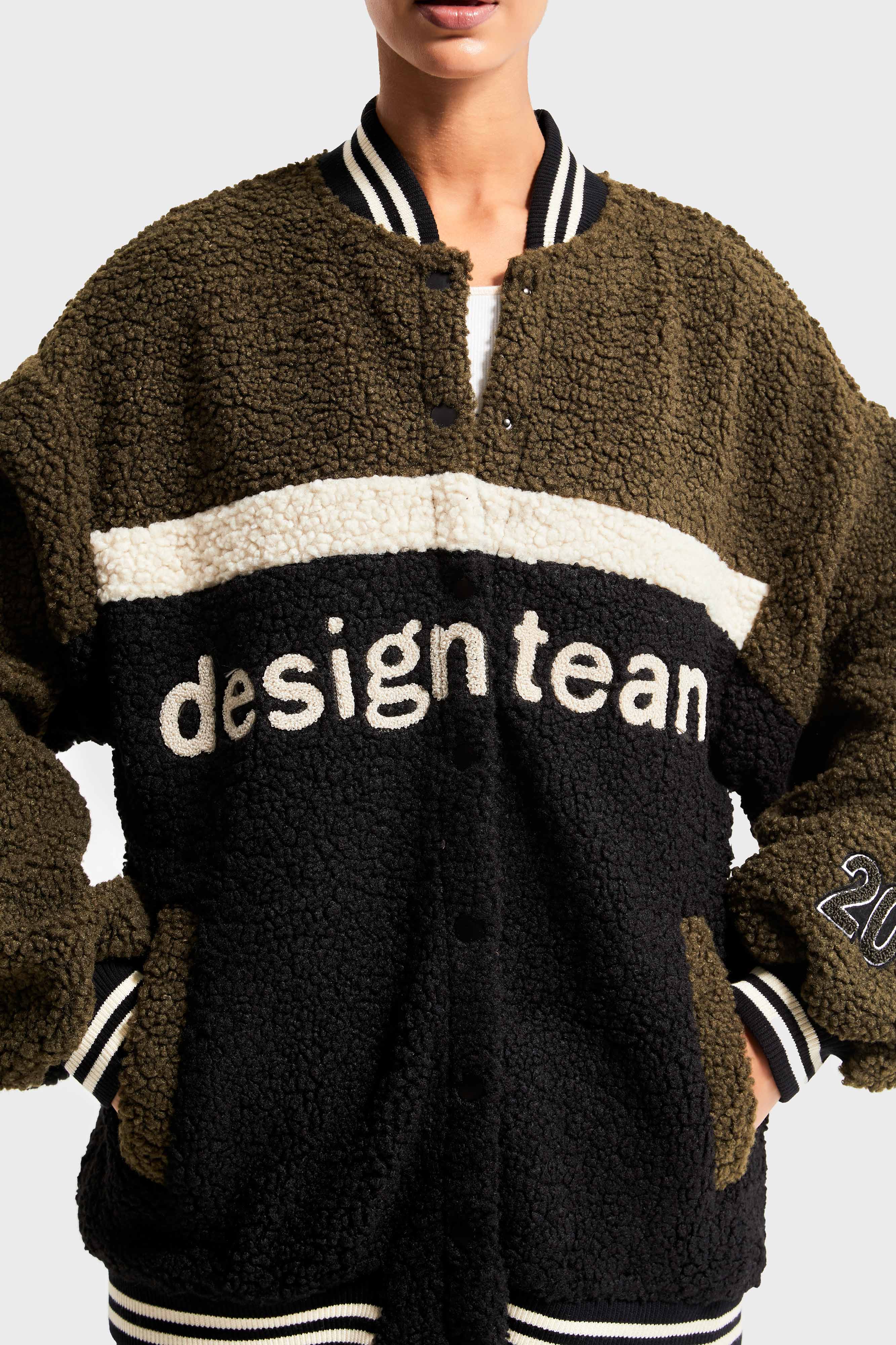 Women Khaki Black Color Teddy Fabric Oversize Design College Jacket