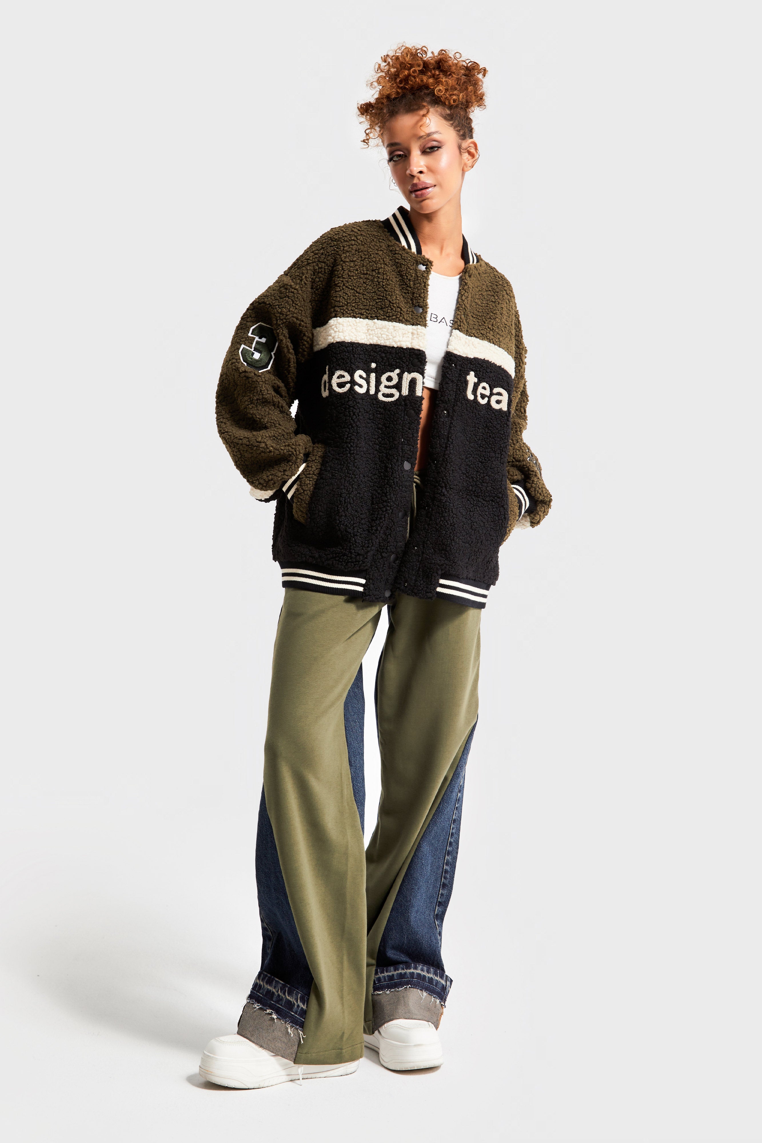 Women Khaki Black Color Teddy Fabric Oversize Design College Jacket