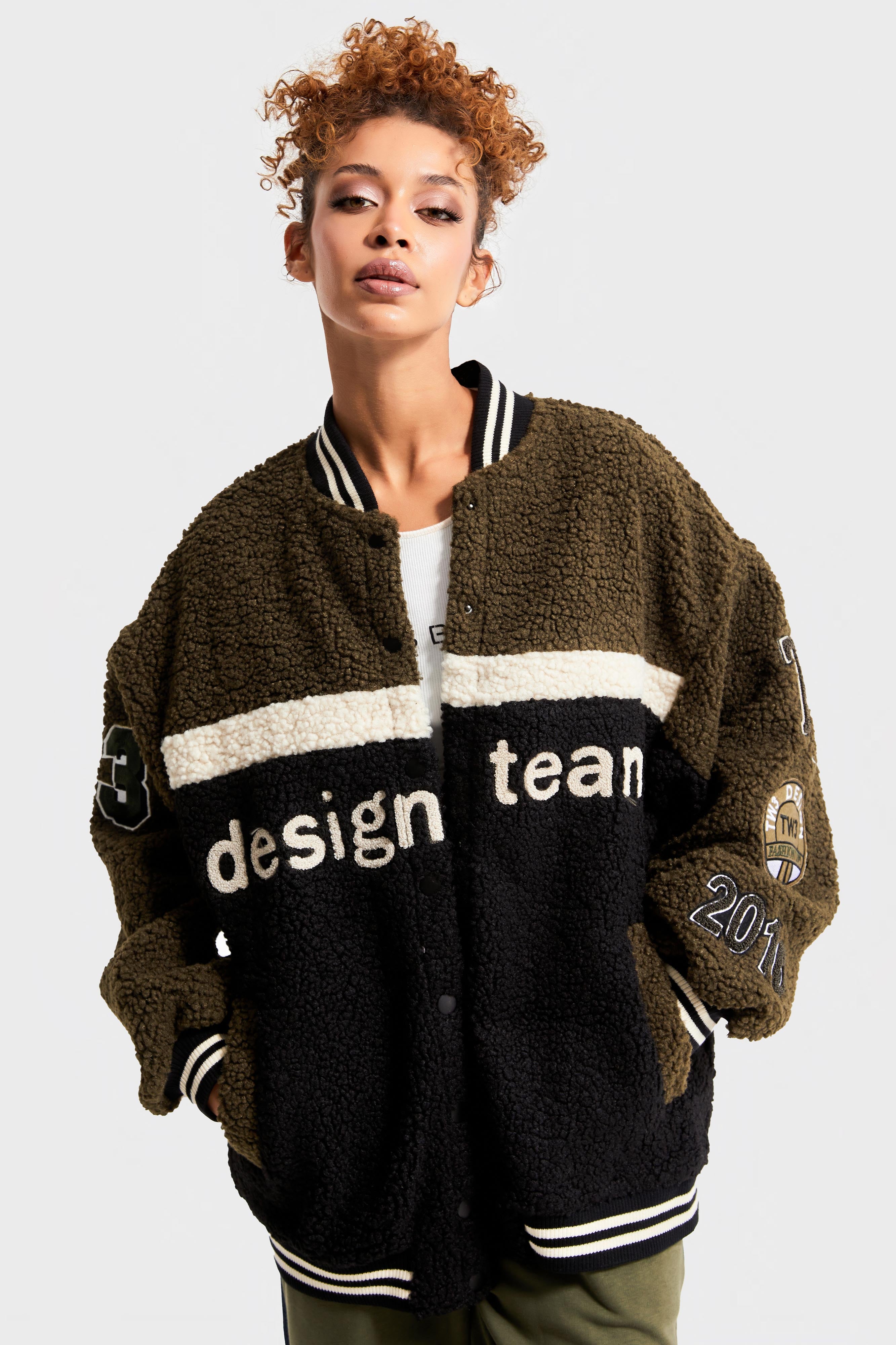 Women Khaki Black Color Teddy Fabric Oversize Design College Jacket