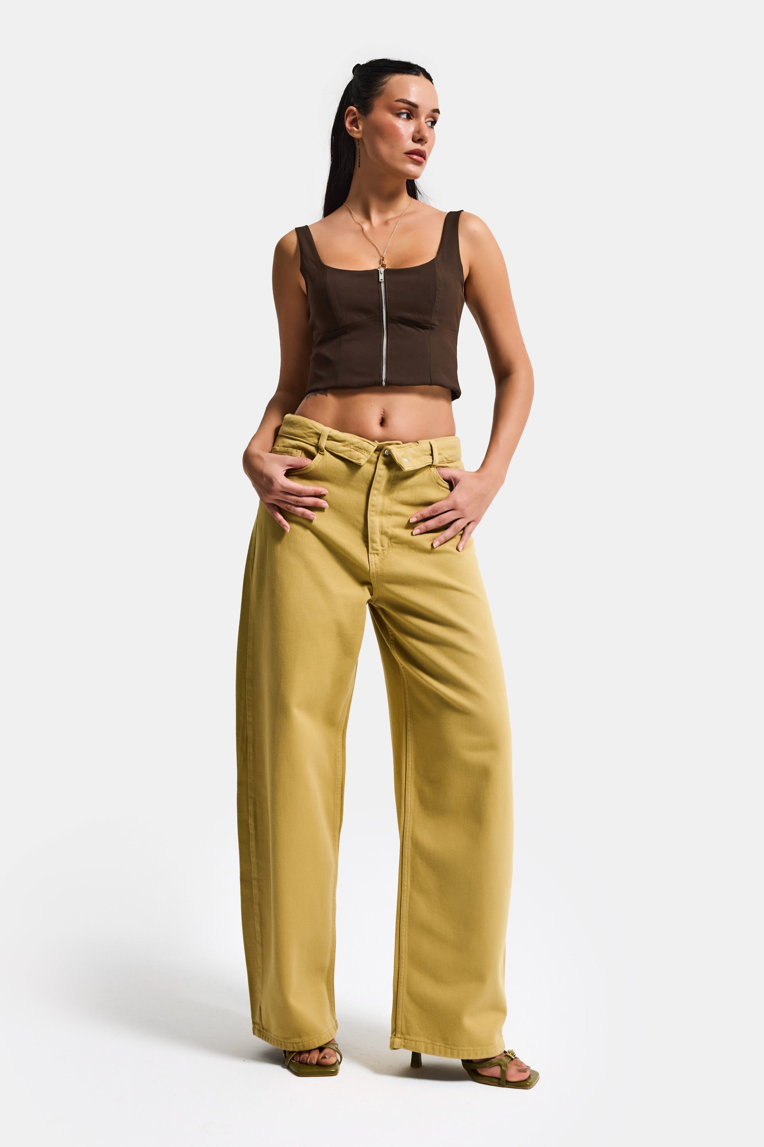 Kadın Hardal 6s6-186 Straight Fit Kemer Detaylı Özel Tasarım Denim Jean