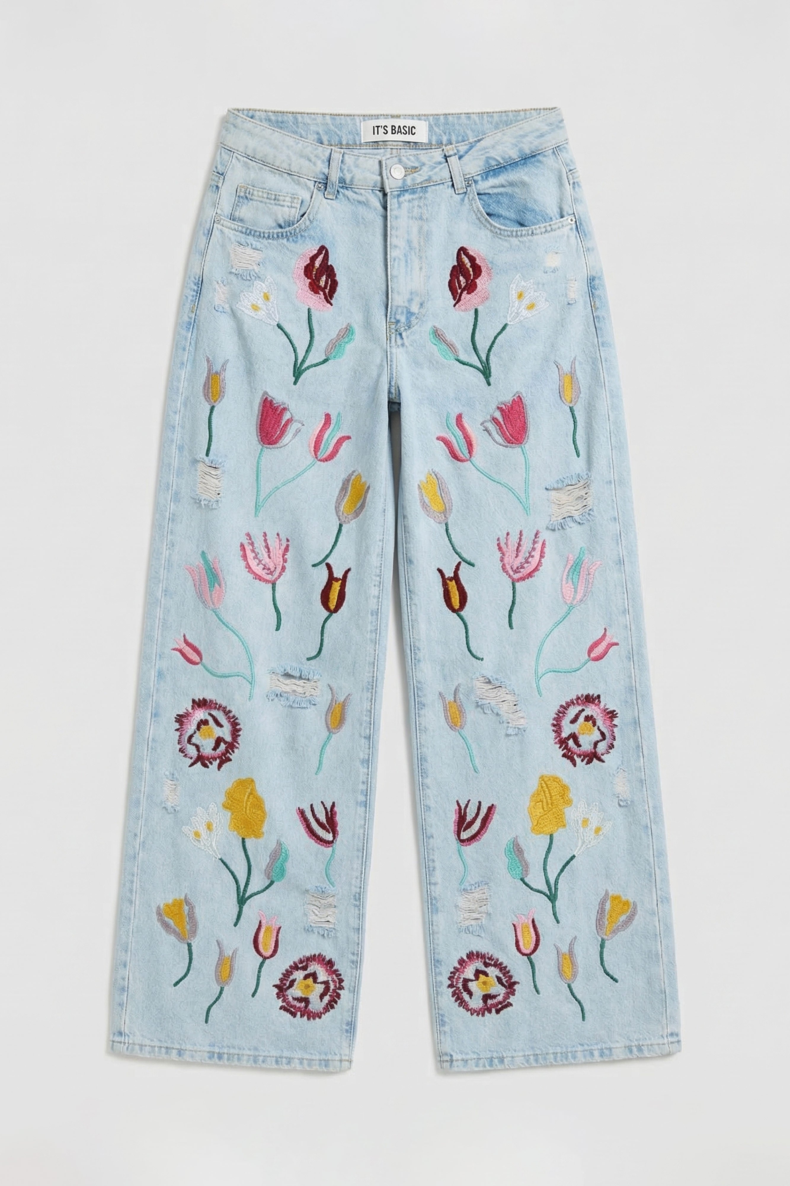 Kadın Ice 11s6-3 Palazzo Fit Gül Çiçek Nakış Detaylı Özel Tasarım Denim Jean