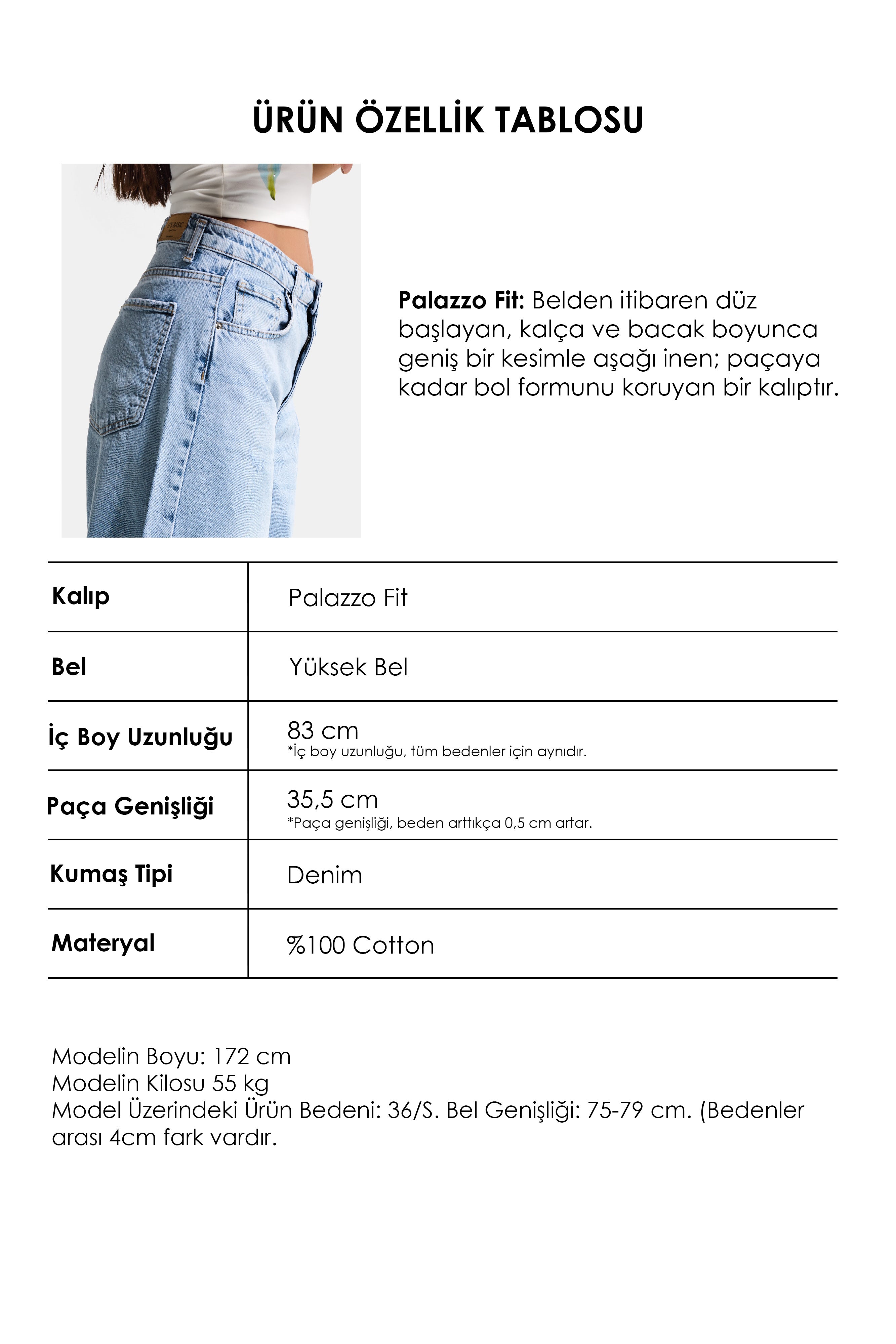 Kadın Ice 12s6-27 Palazzo Fit Bol Kesim %100 Koton Denim Jean