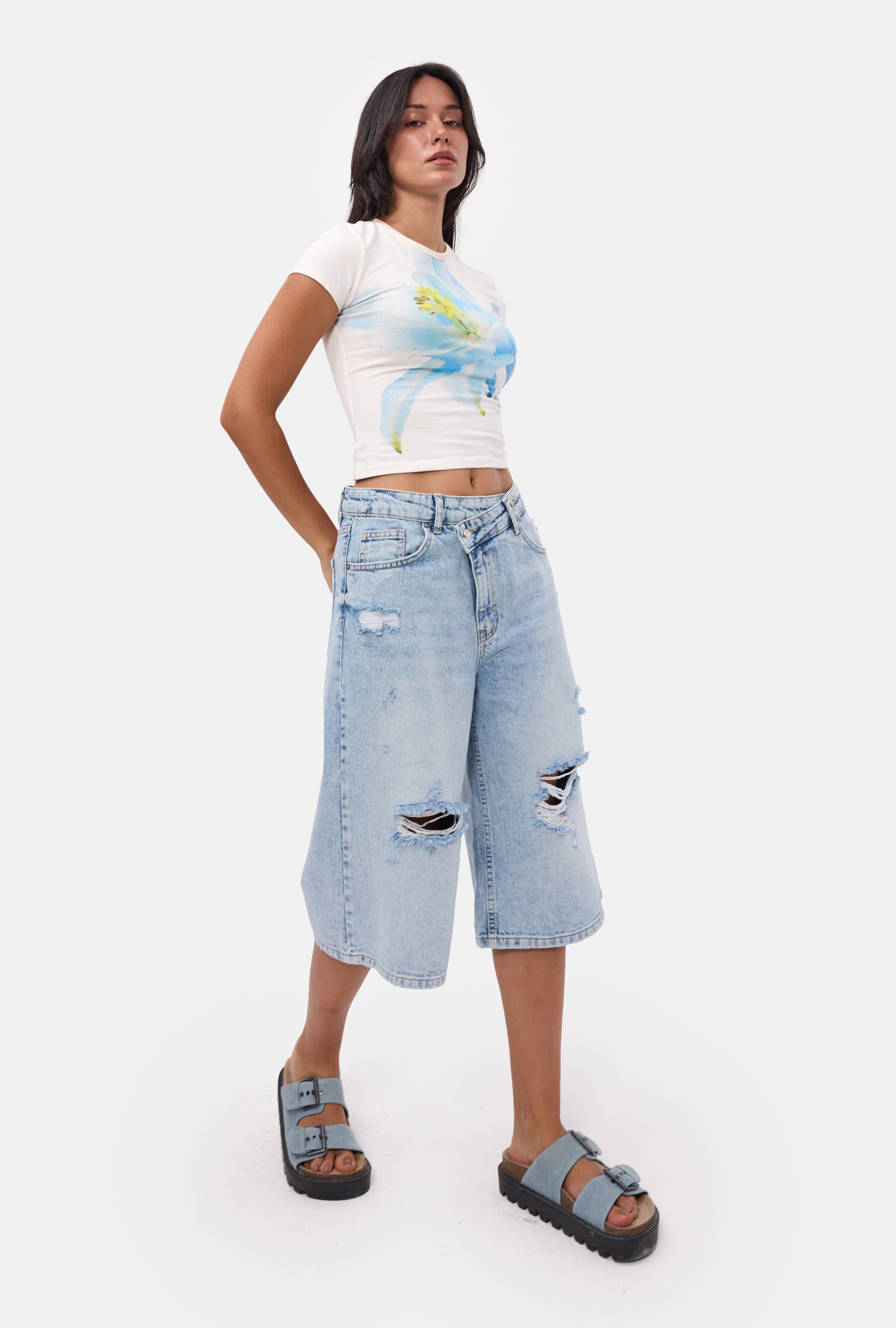 Kadın Ice 12s6-3 Kemer Detaylı Maxi Denim Bermuda Jort