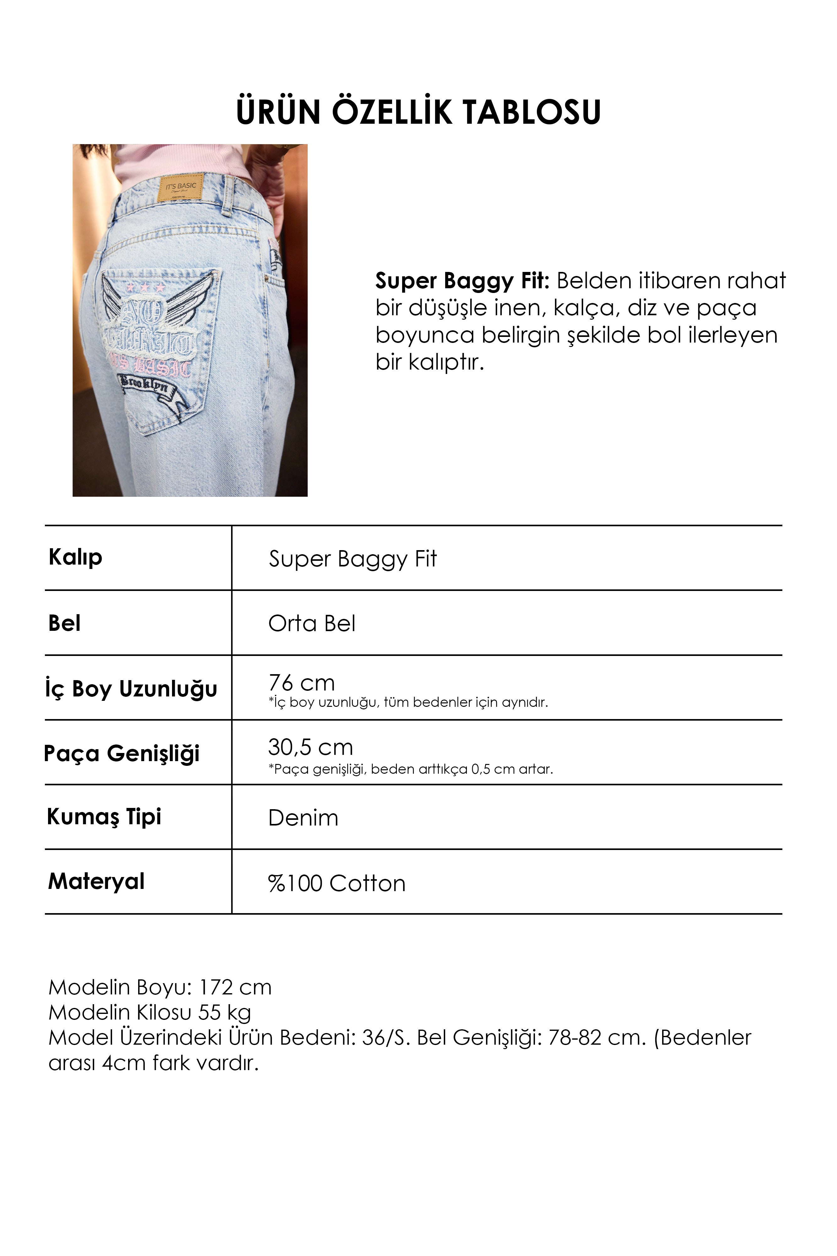 Kadın Ice 12s6-3 Süper Baggy Özel Nakışlı Tasarım Denim Jean