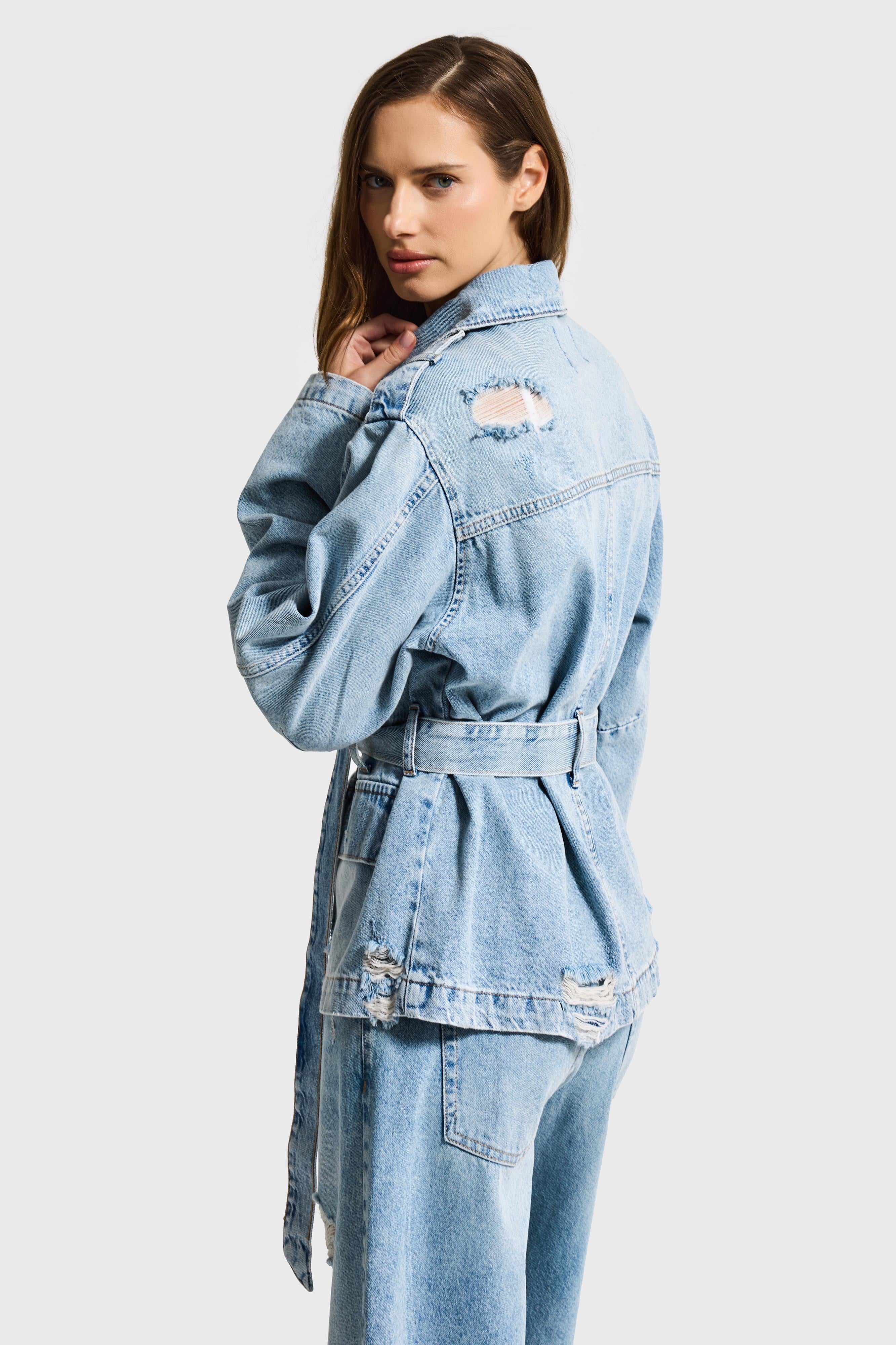Kadın Ice 12s6-32 Oversize Kemer Detaylı Yırtık %100 Koton Denim Ceket