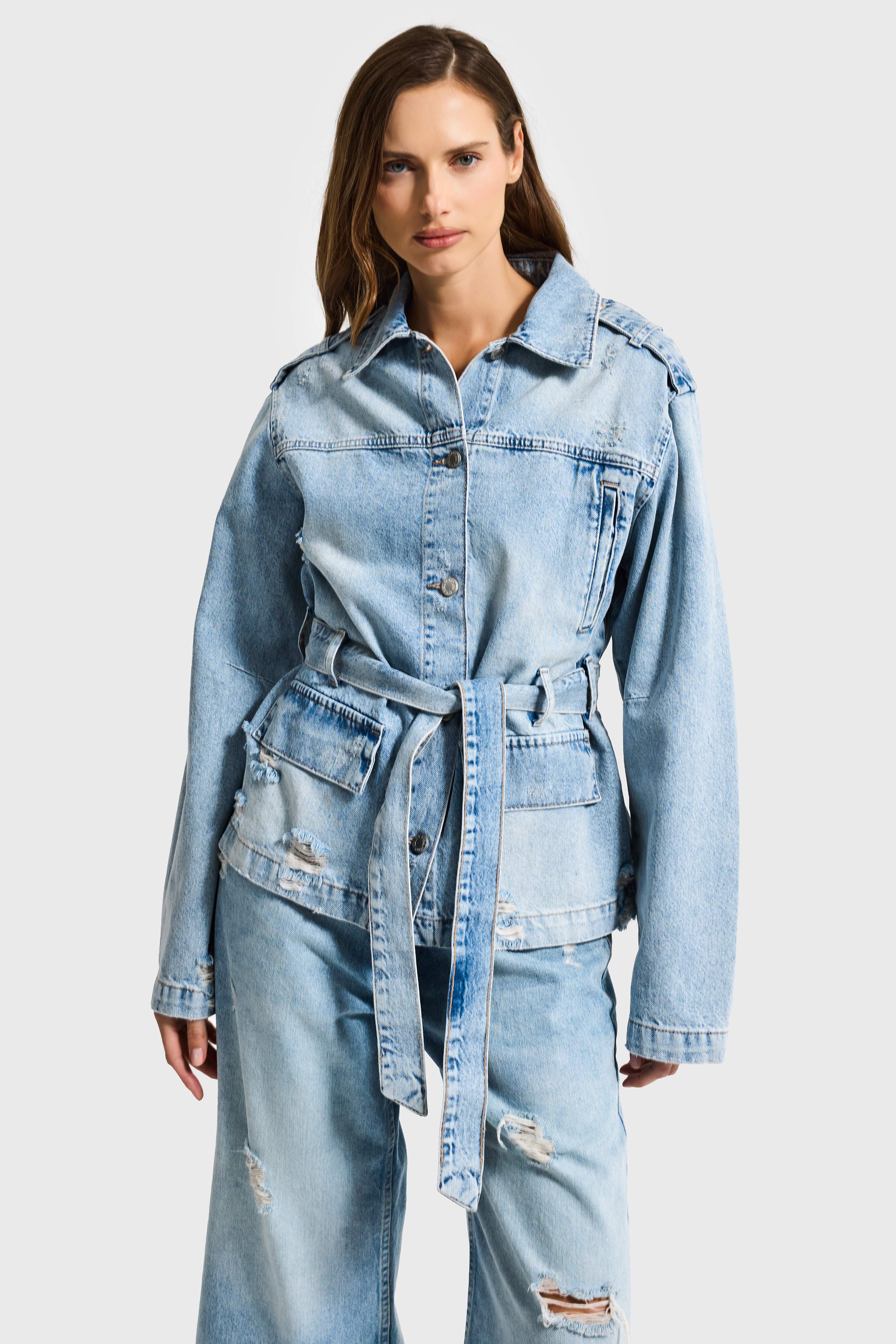 Kadın Ice 12s6-32 Oversize Kemer Detaylı Yırtık %100 Koton Denim Ceket