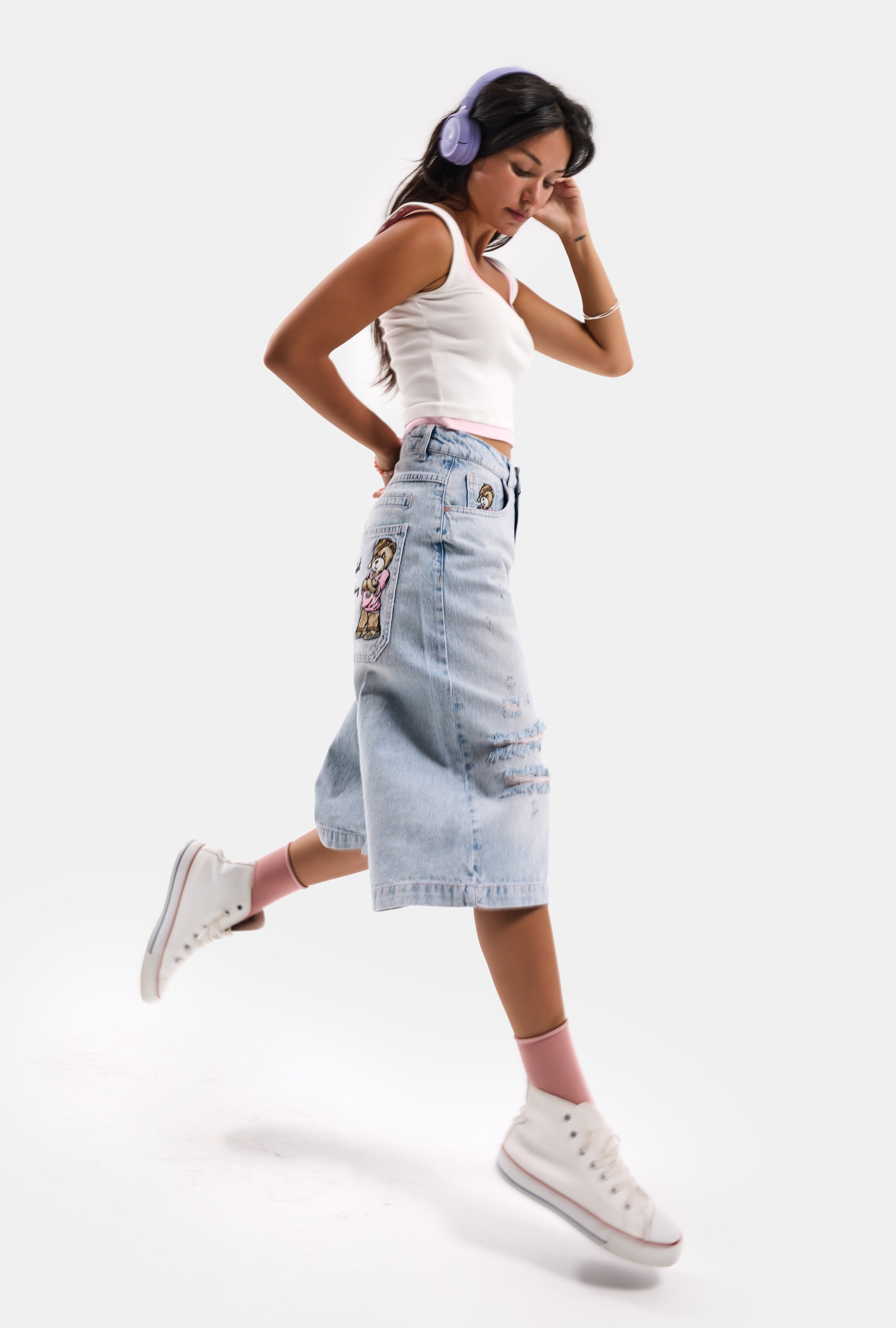 Kadın Ice 12s6-89 Baggy Fit Maxi Denim Tasarım Bermuda Şort