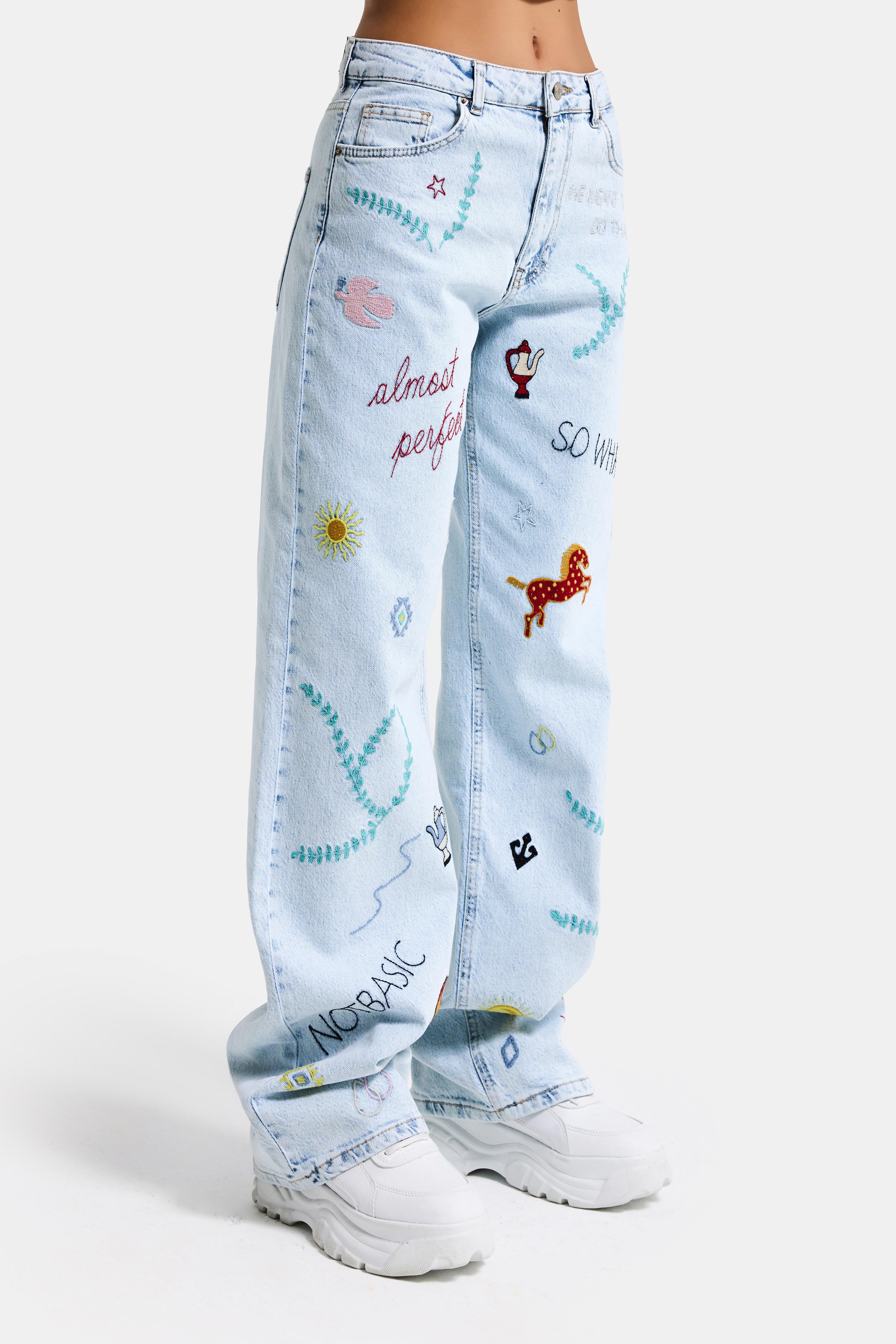 Kadın Ice 3s6-100 Straight Fit Özel Figür Nakışlı Tasarım Denim Jean